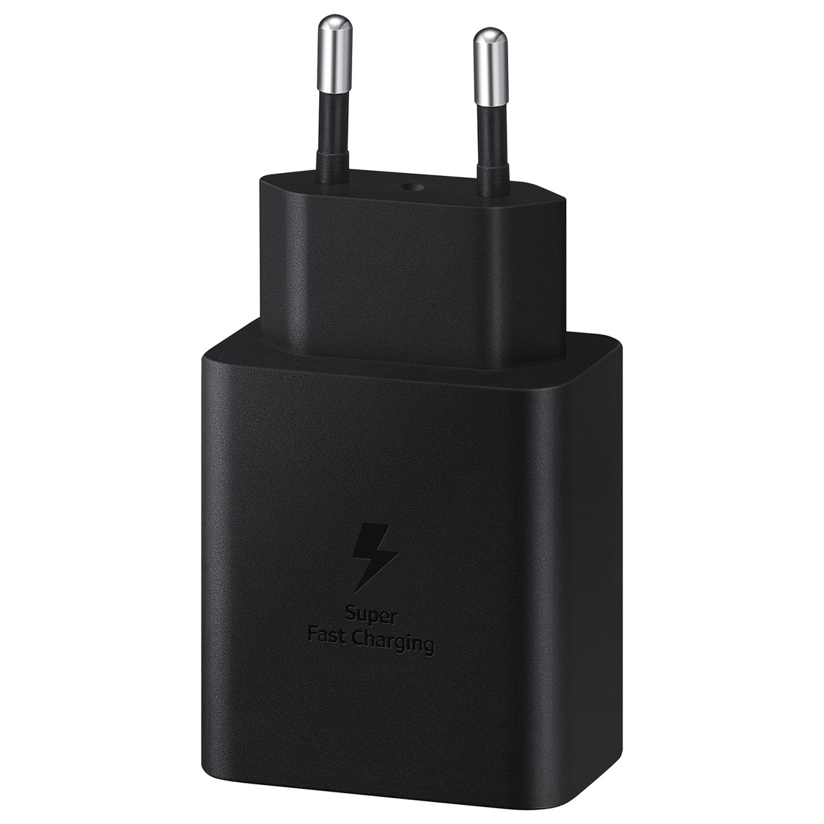Adattatore di corrente nero con due pin argentati e scritta "Super Fast Charging".