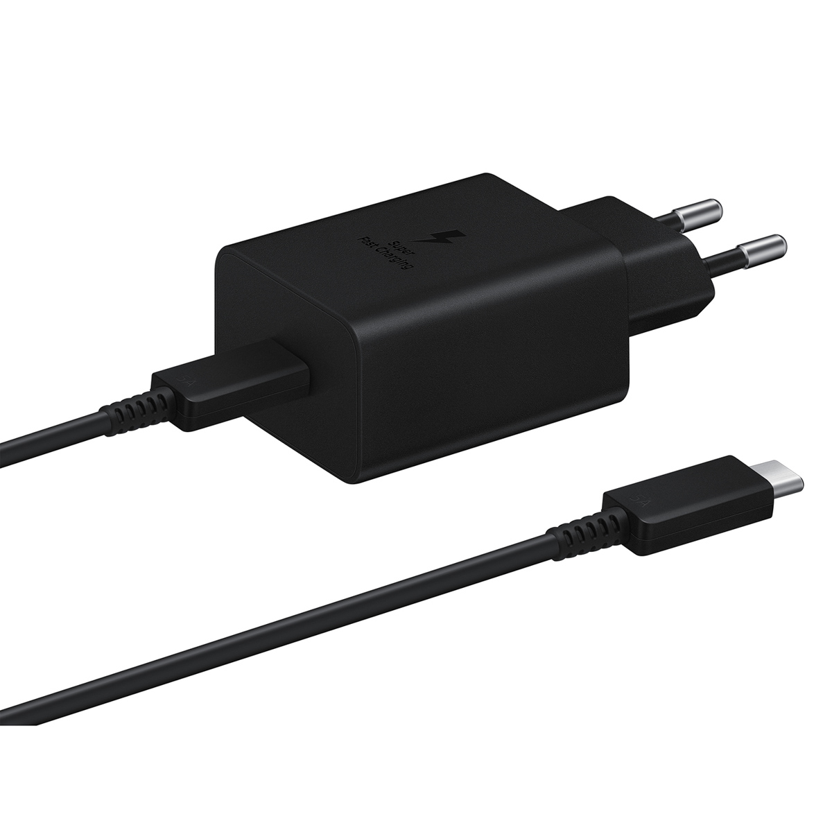 Adattatore di ricarica rapida USB-C nero con cavo, spina europea.