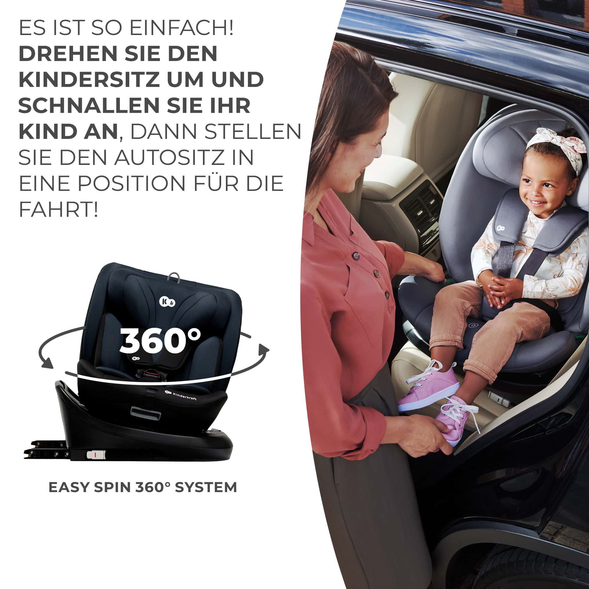 Ein Auto-Kindersitz mit 360° Drehfunktion, daneben eine Frau, die ein Kind anschnallt.