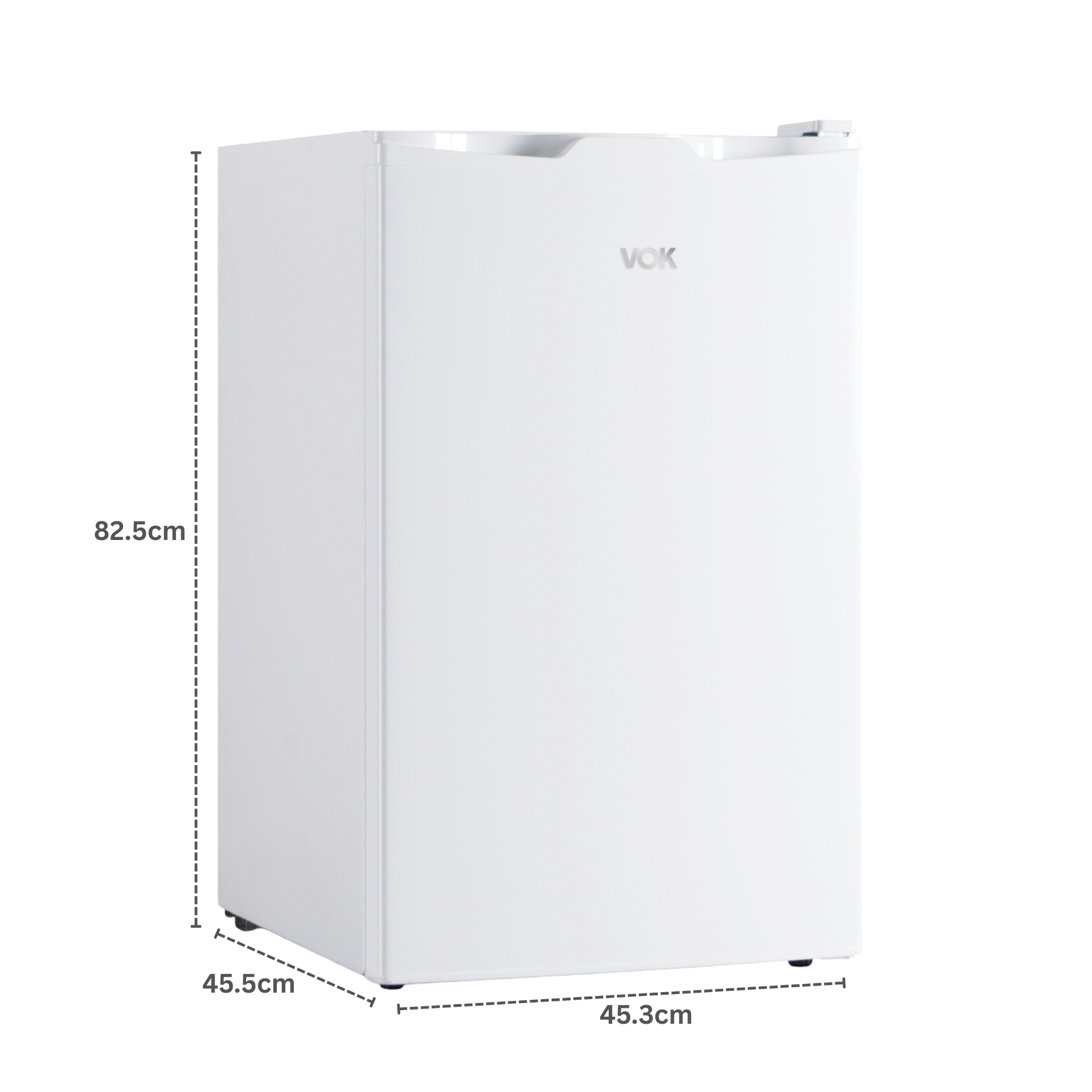 Un refrigerador blanco pequeño con dimensiones de 82,5 x 45,5 x 45,3 cm.
