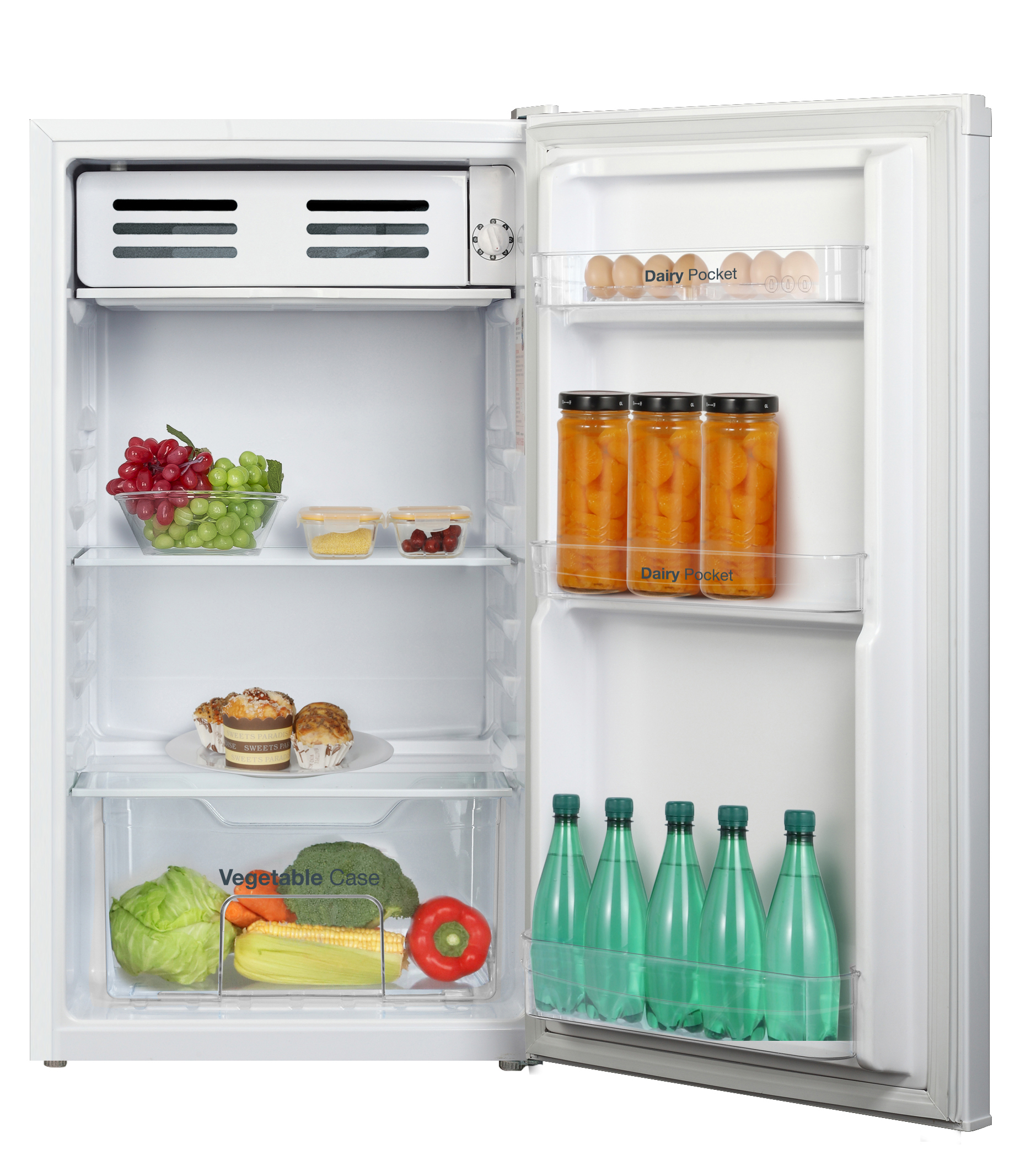 Un refrigerador abierto con alimentos: huevos, frascos, frutas, magdalenas y verduras.