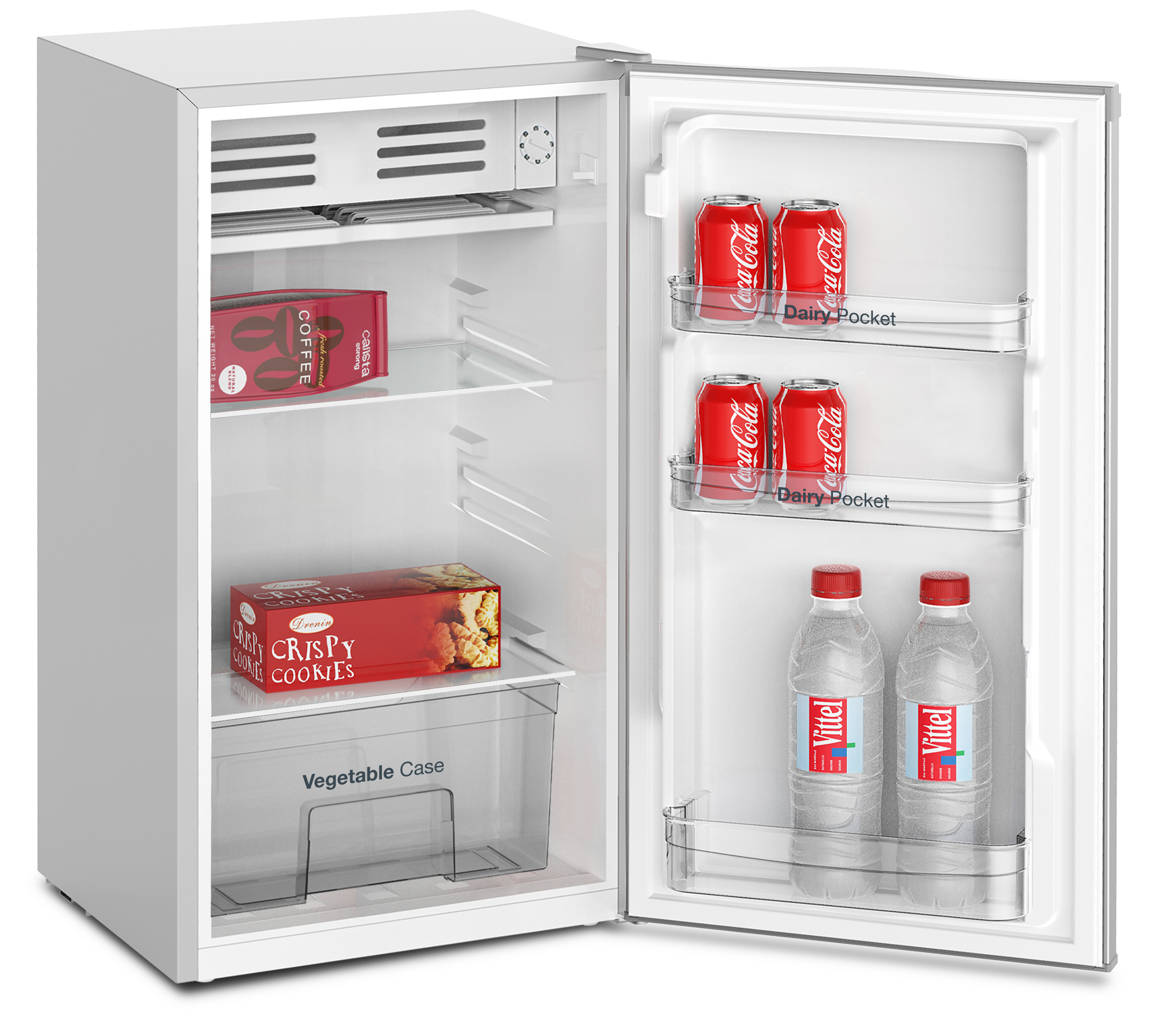 Un refrigerador abierto con café, galletas, Coca-Cola y agua.