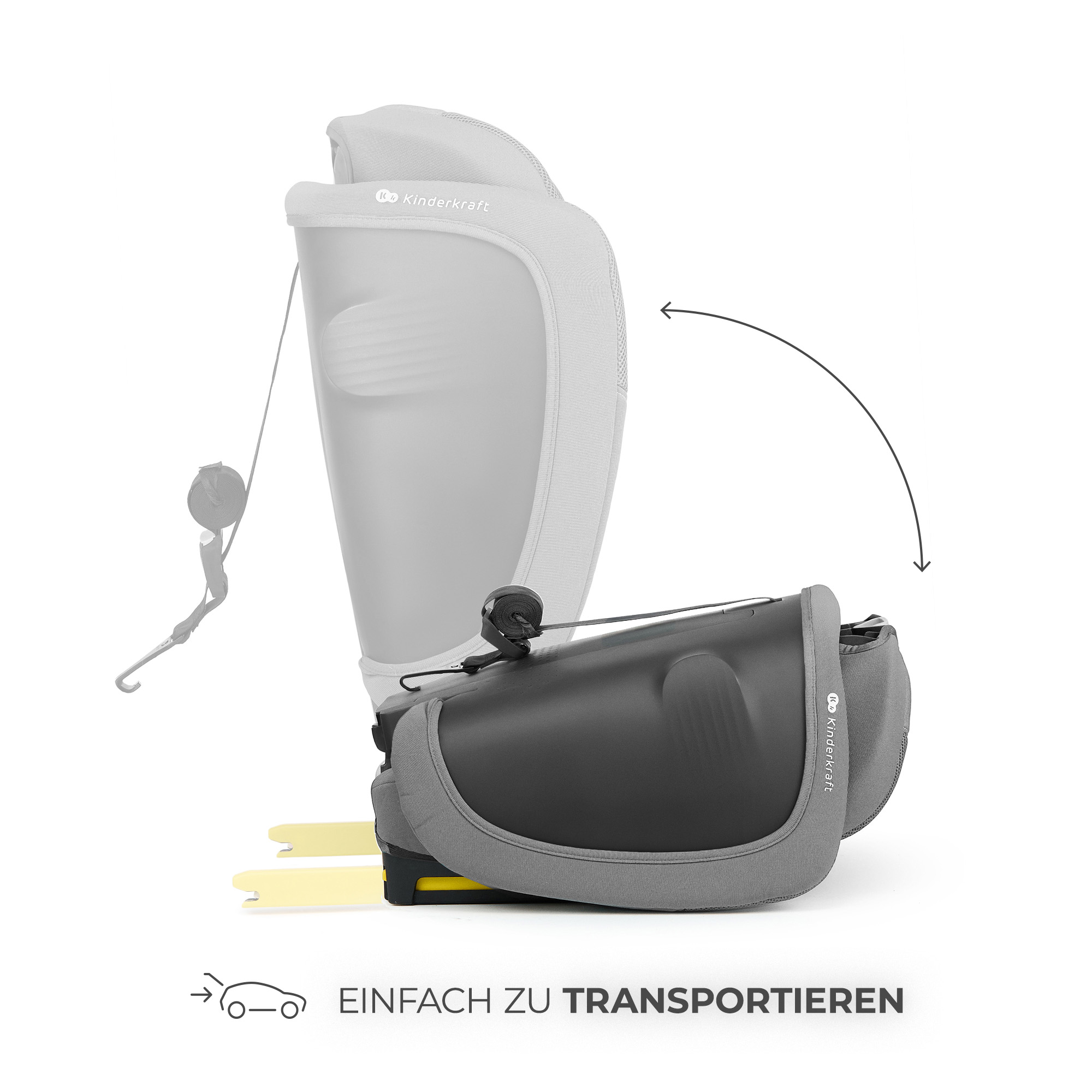 Grauer Kindersitz mit Gurt, auf gelben Gabeln, Text 'Einfach zu transportieren'.