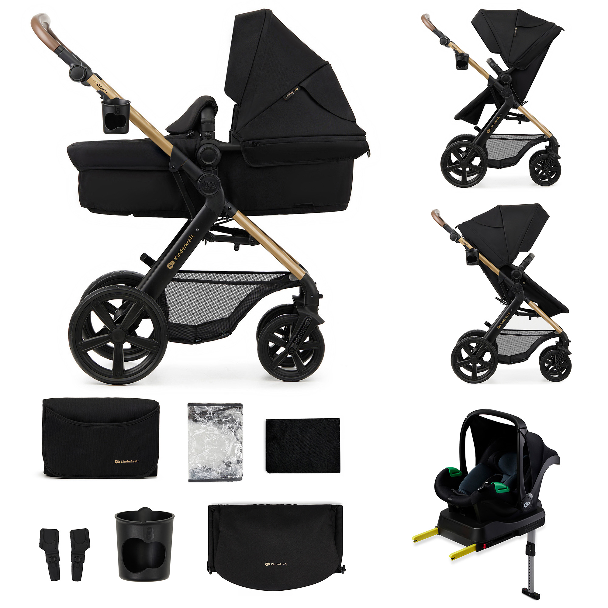 Schwarzer Kinderkraft Kinderwagen mit Liegewanne, Sitz, Autositz und Zubehör.