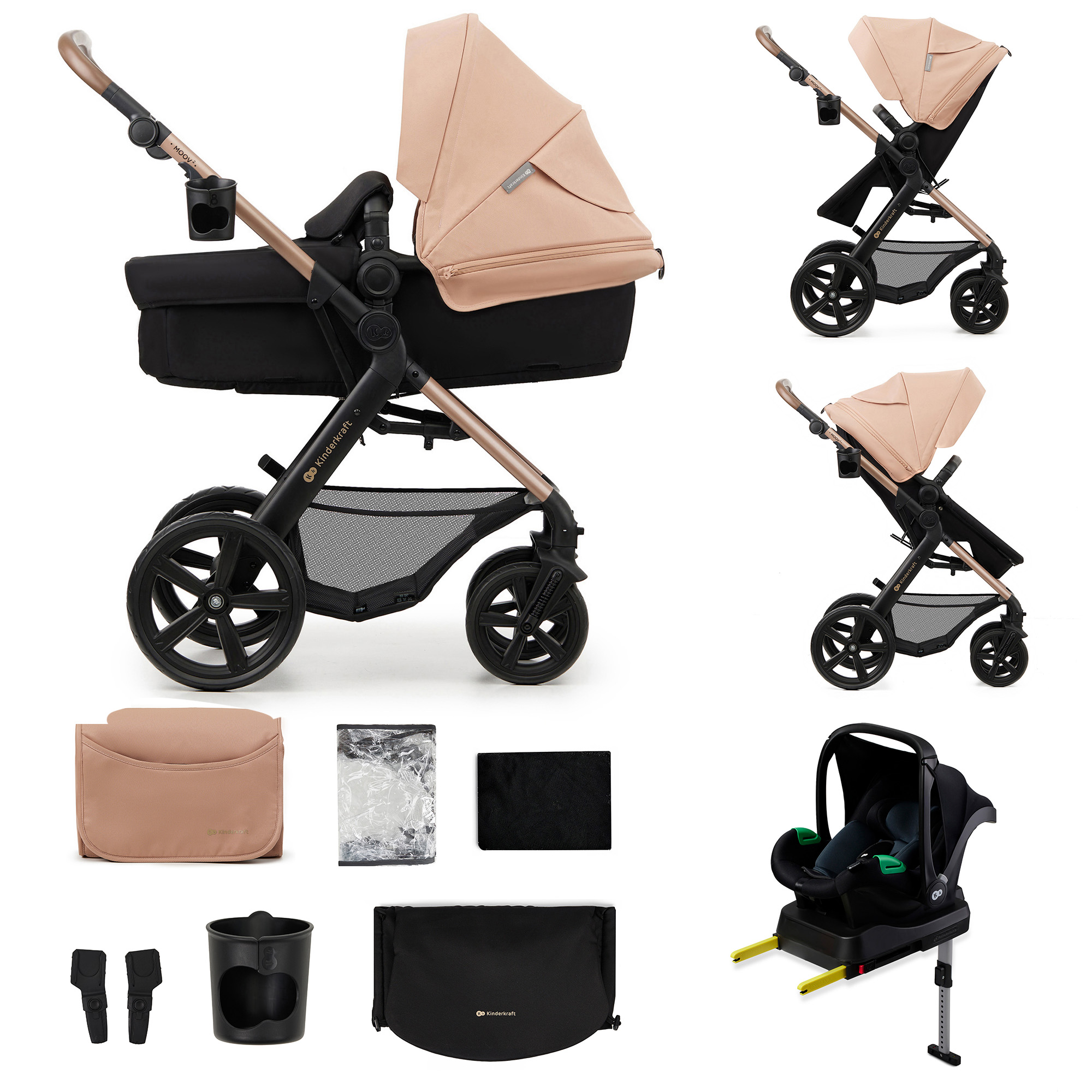 Ein schwarzes und beiges Kinderwagen-Set mit Zubehör, inklusive Autositz.