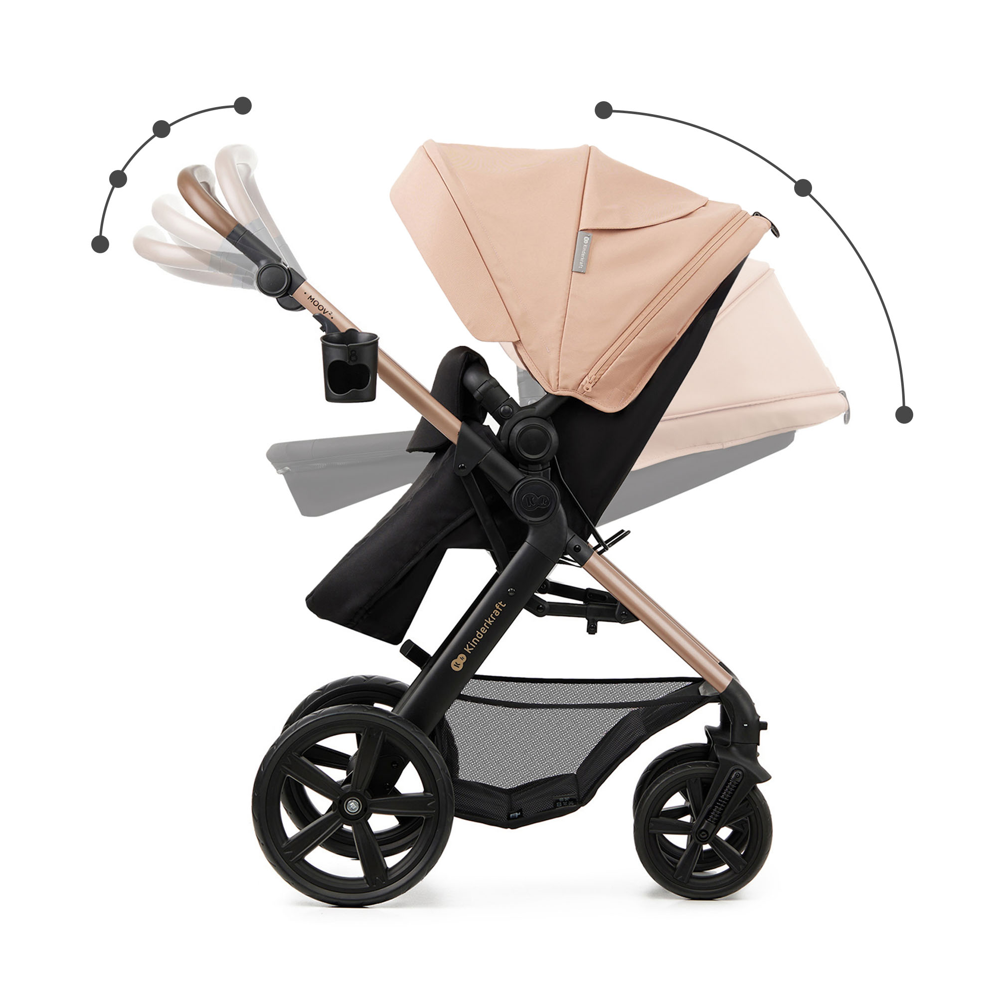 Ein beiger Kinderwagen mit schwarzen Rädern und einem Einkaufskorb.