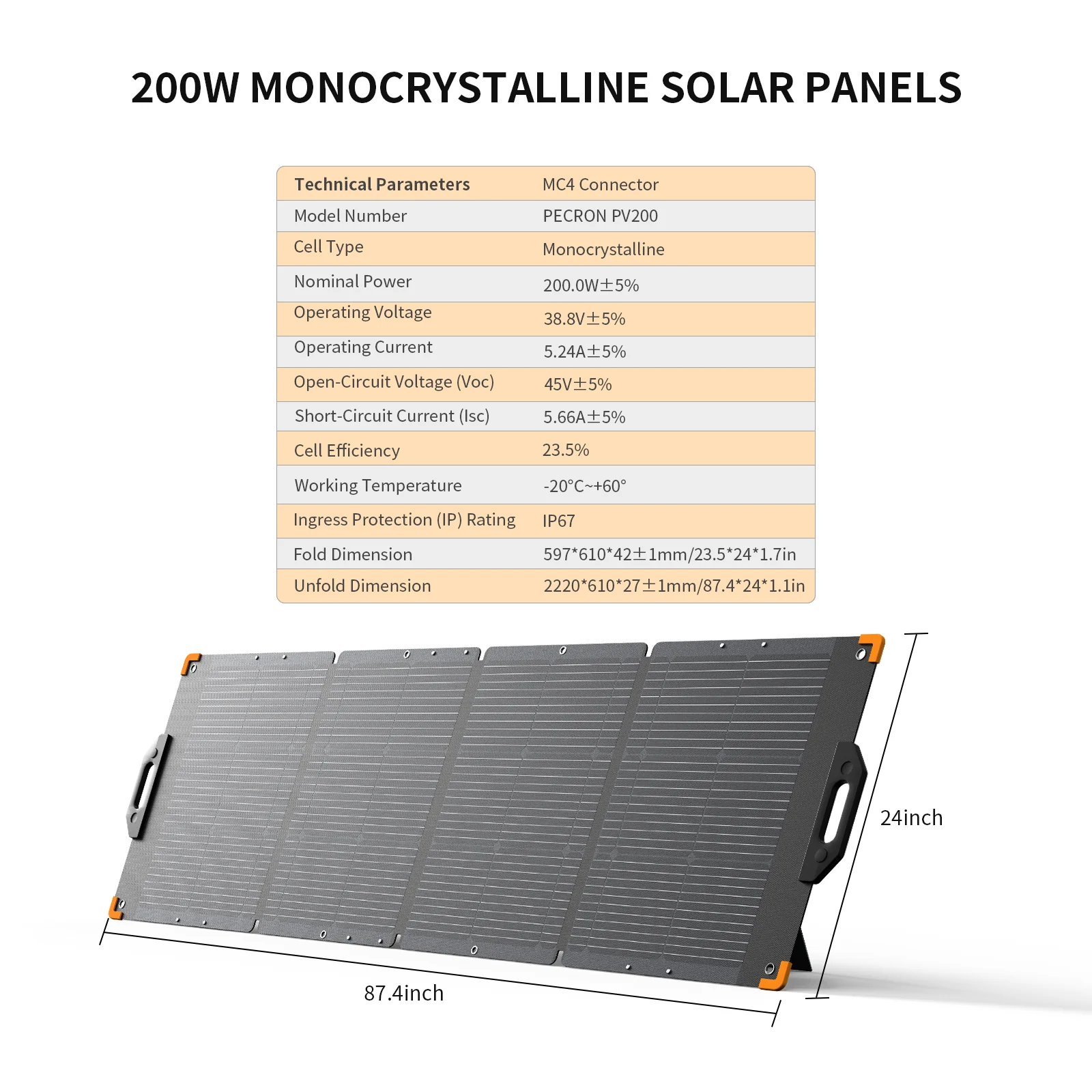 Złożony panel słoneczny monokrystaliczny 200W, rozłożony 87,4 cala, szeroki 24 cale.