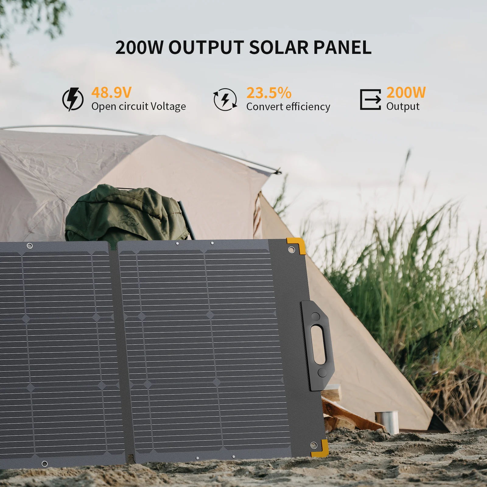 Panel słoneczny 200W z napięciem obwodu jałowego 48,9V i wydajnością 23,5%.