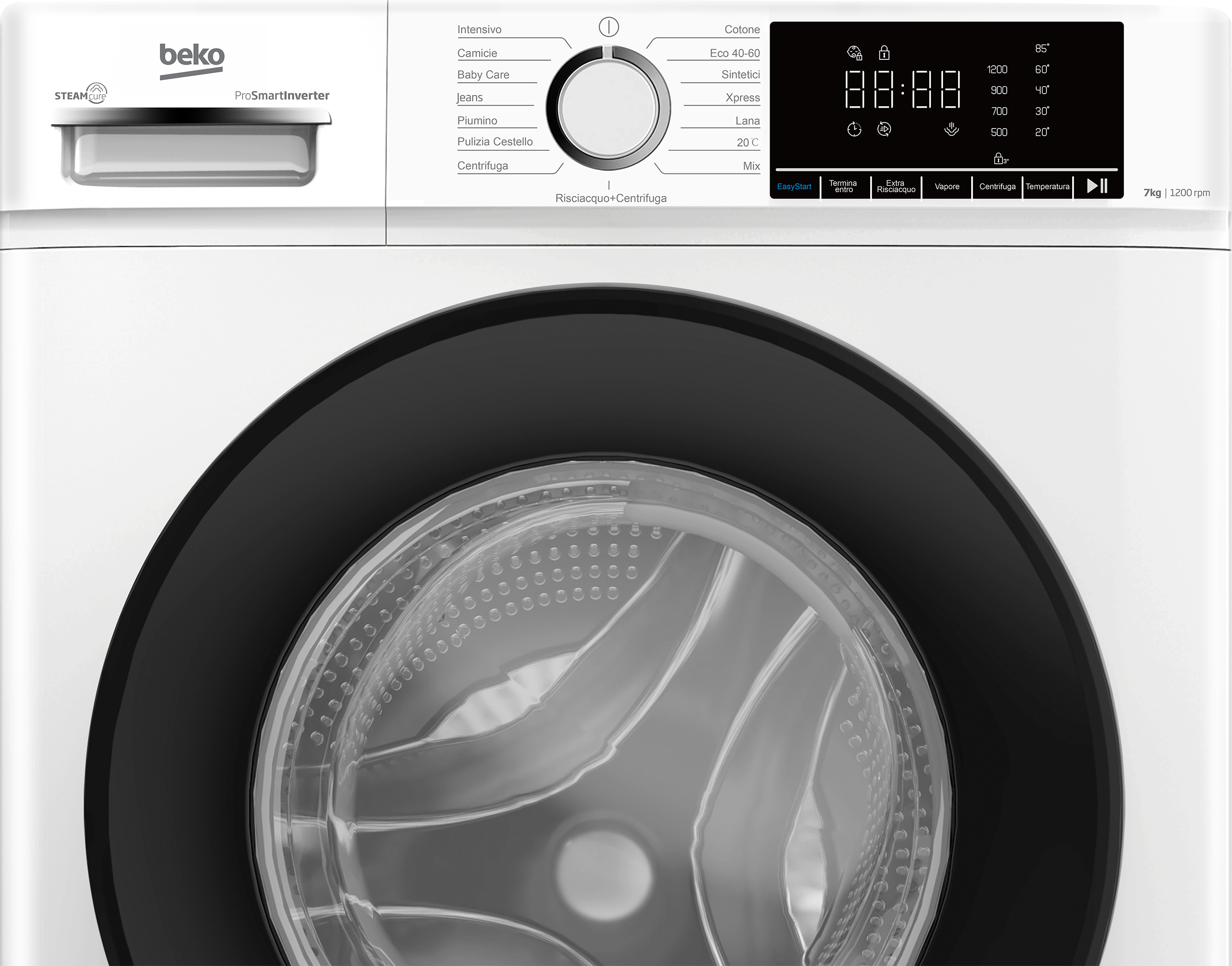 Lavatrice Beko bianca con display digitale, selettore programmi e oblò rotondo.