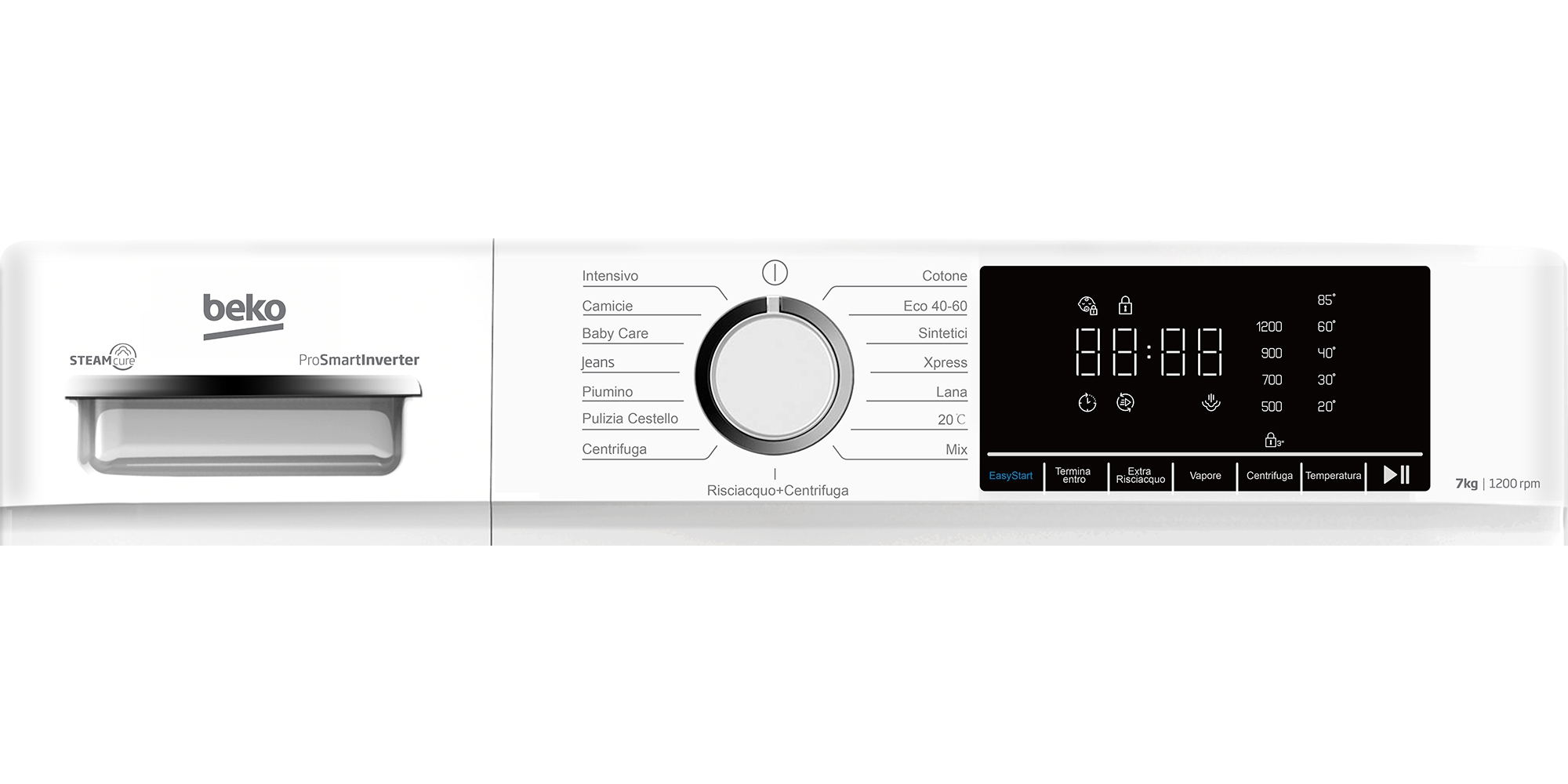 Una lavatrice Beko bianca con display digitale e manopola.
