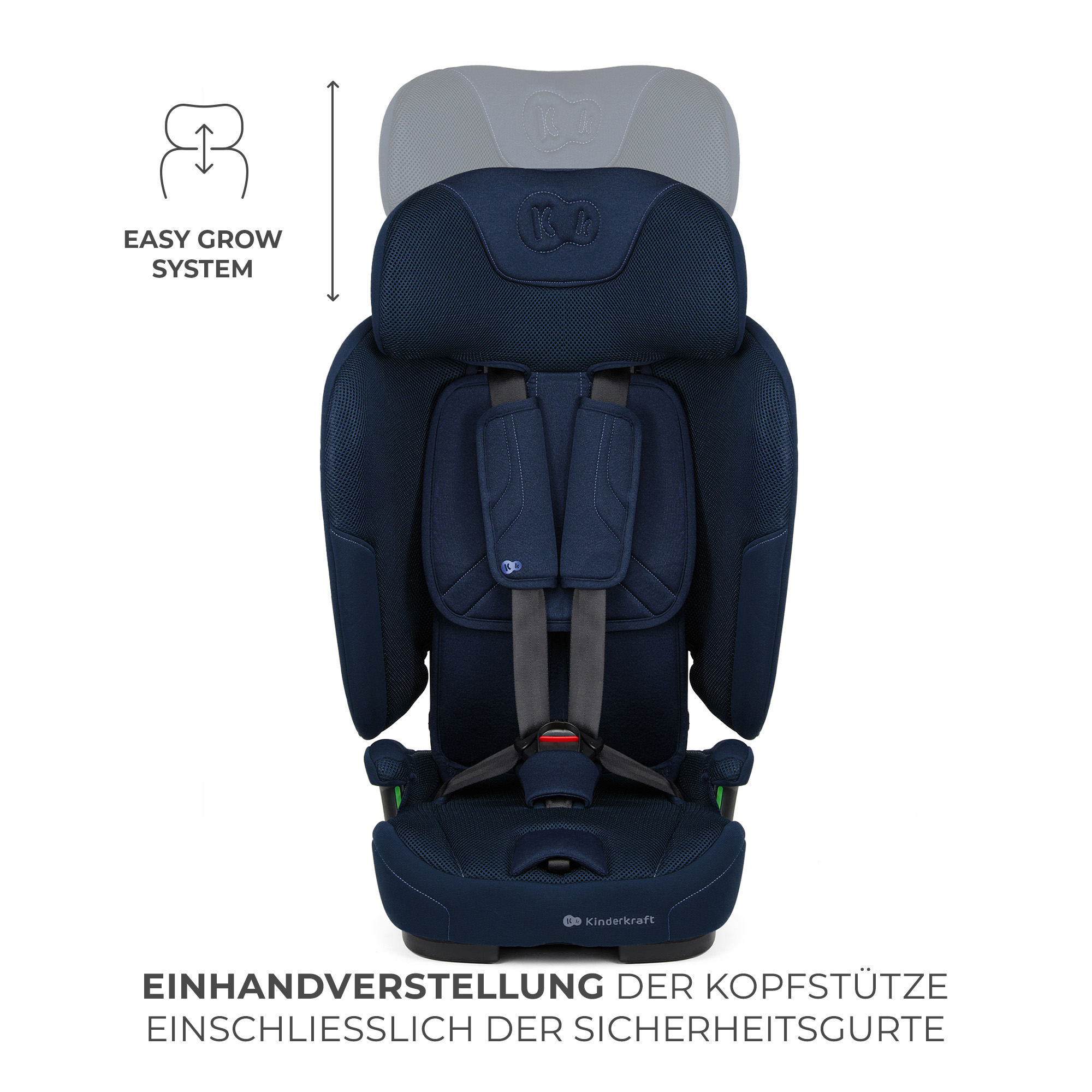 Dunkelblauer Kindersitz mit verstellbarer Kopfstütze und Gurten.