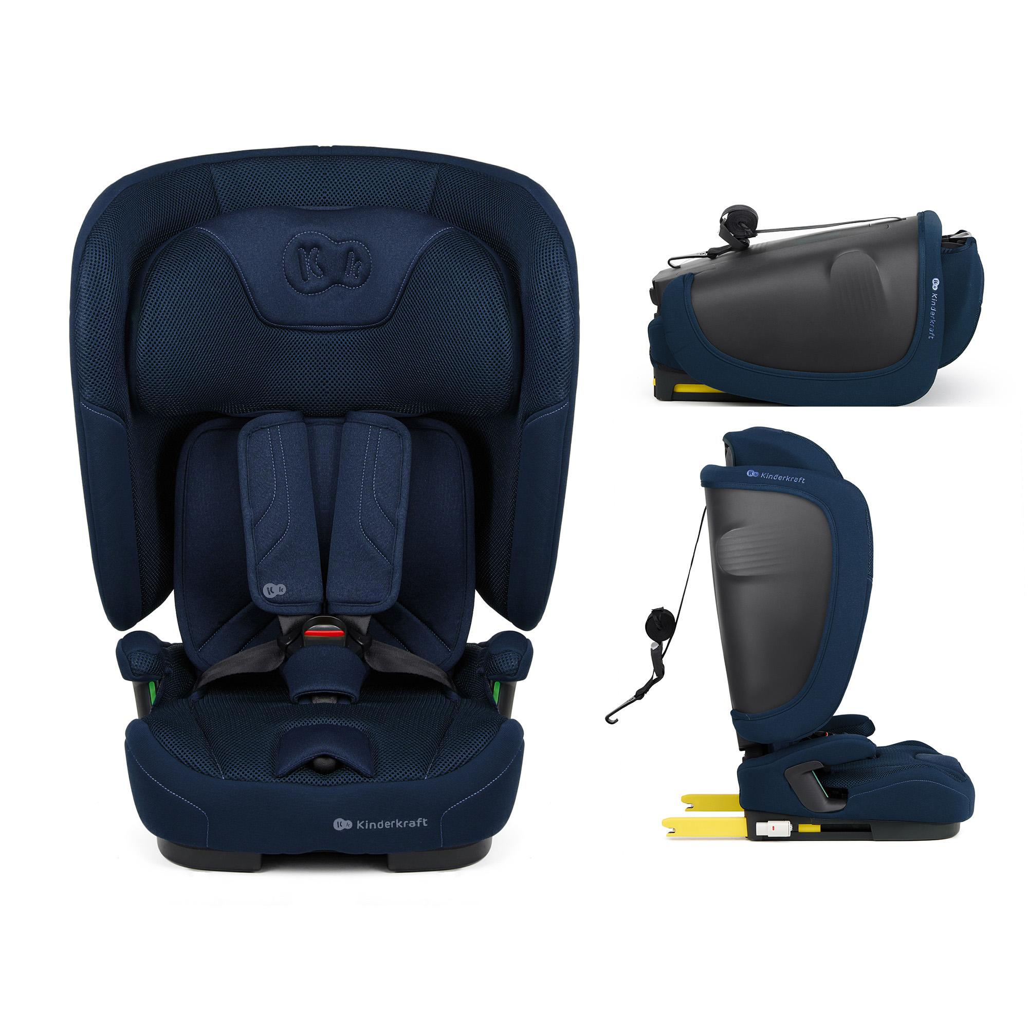 Dunkelblauer Kindersitz mit Gurten und ISOFIX-Konnektoren.