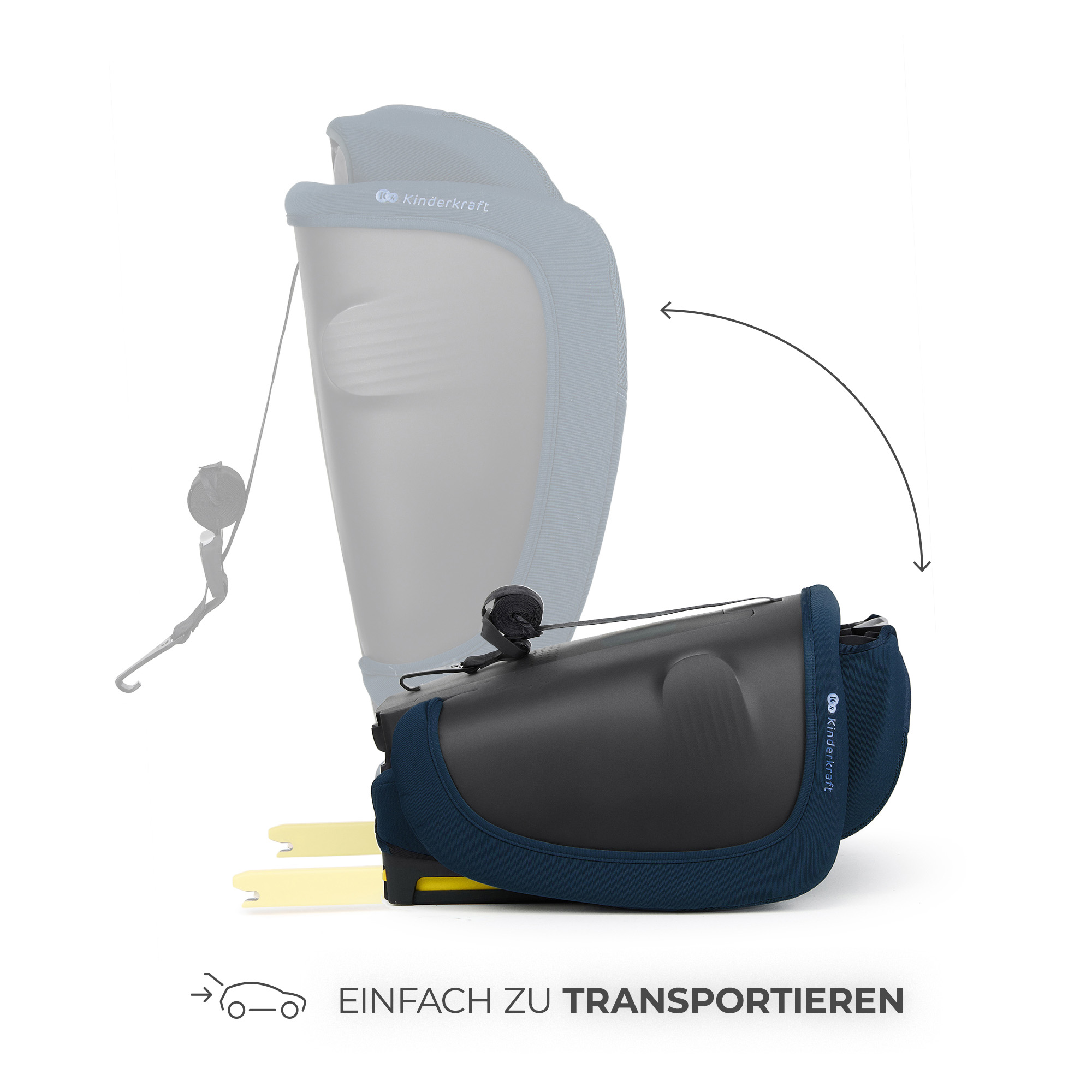 Ein Kinderautositz wird zusammengeklappt gezeigt. Ein Pfeil deutet auf den Transport hin.