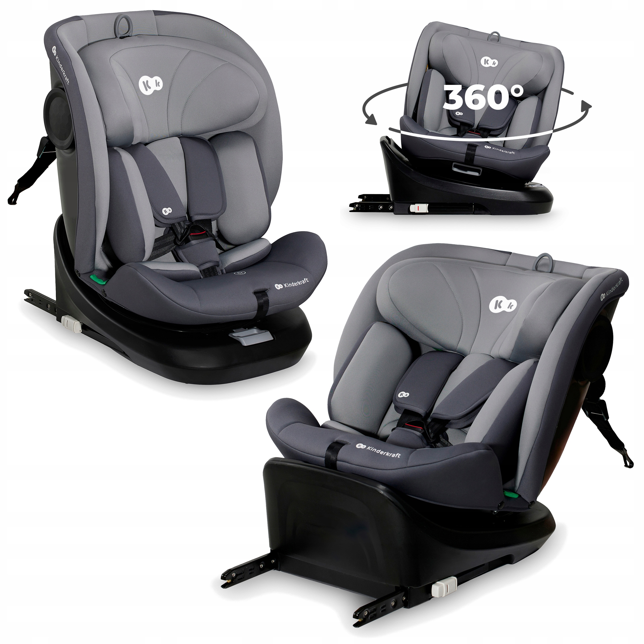 Grauer Kindersitz mit 360-Grad-Drehfunktion auf schwarzer Basis.