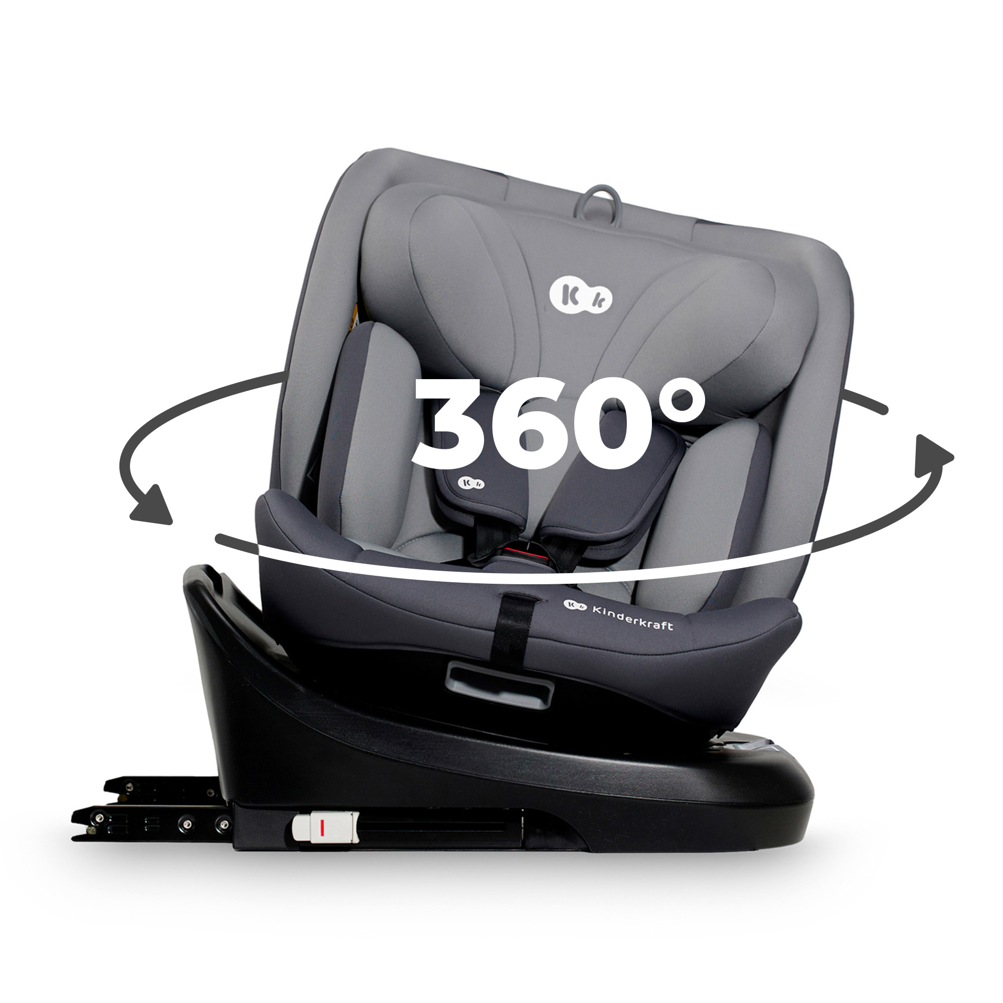 Grauer Kindersitz mit 360-Grad-Drehung auf schwarzem Sockel.
