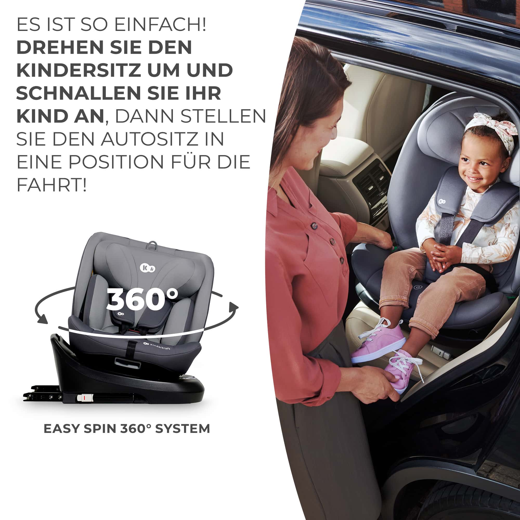 Eine Frau hilft einem Kind in einem drehbaren Kindersitz im Auto.