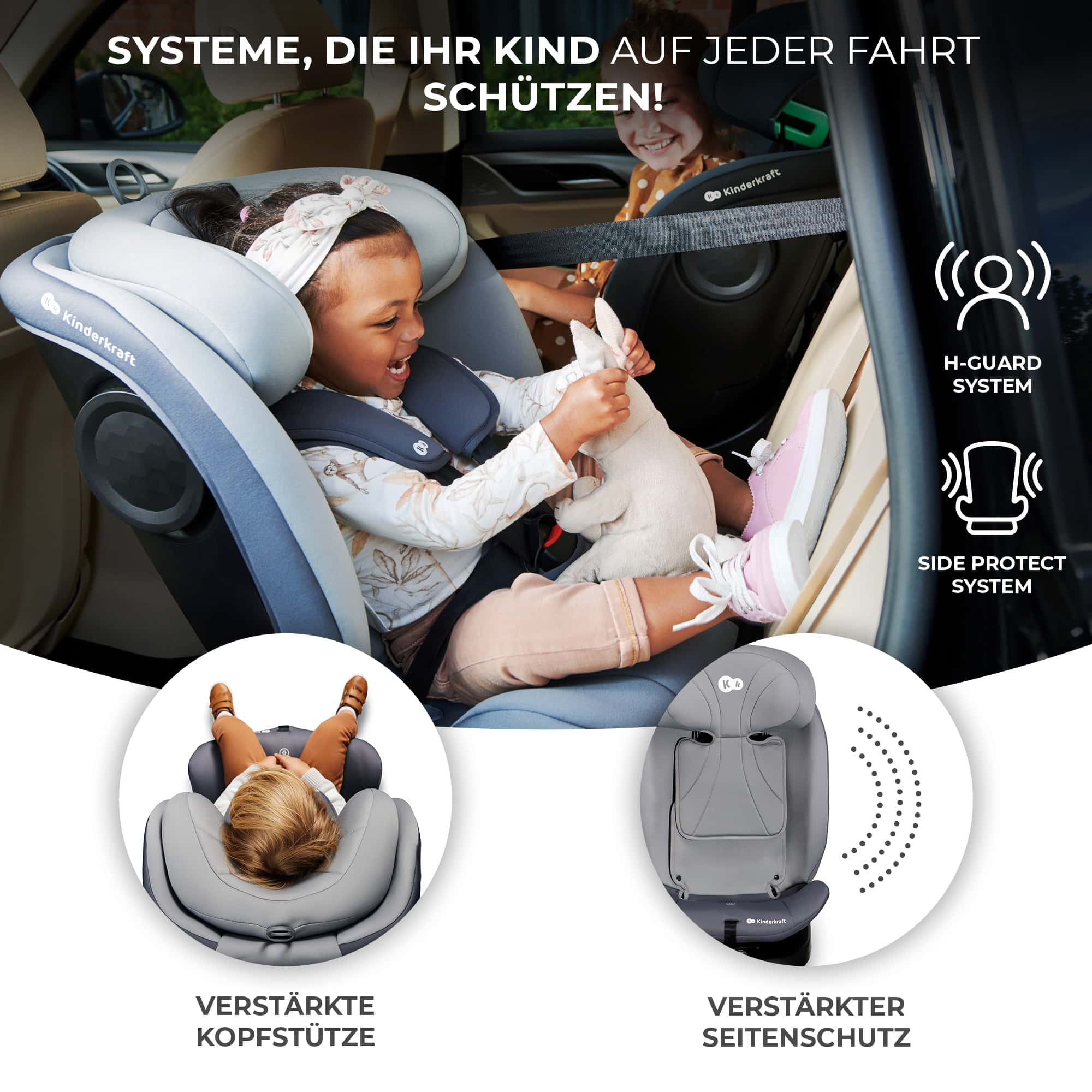 Zwei Kinder in Kindersitzen im Auto. Ein Sitz mit H-Guard und Seitenschutz.