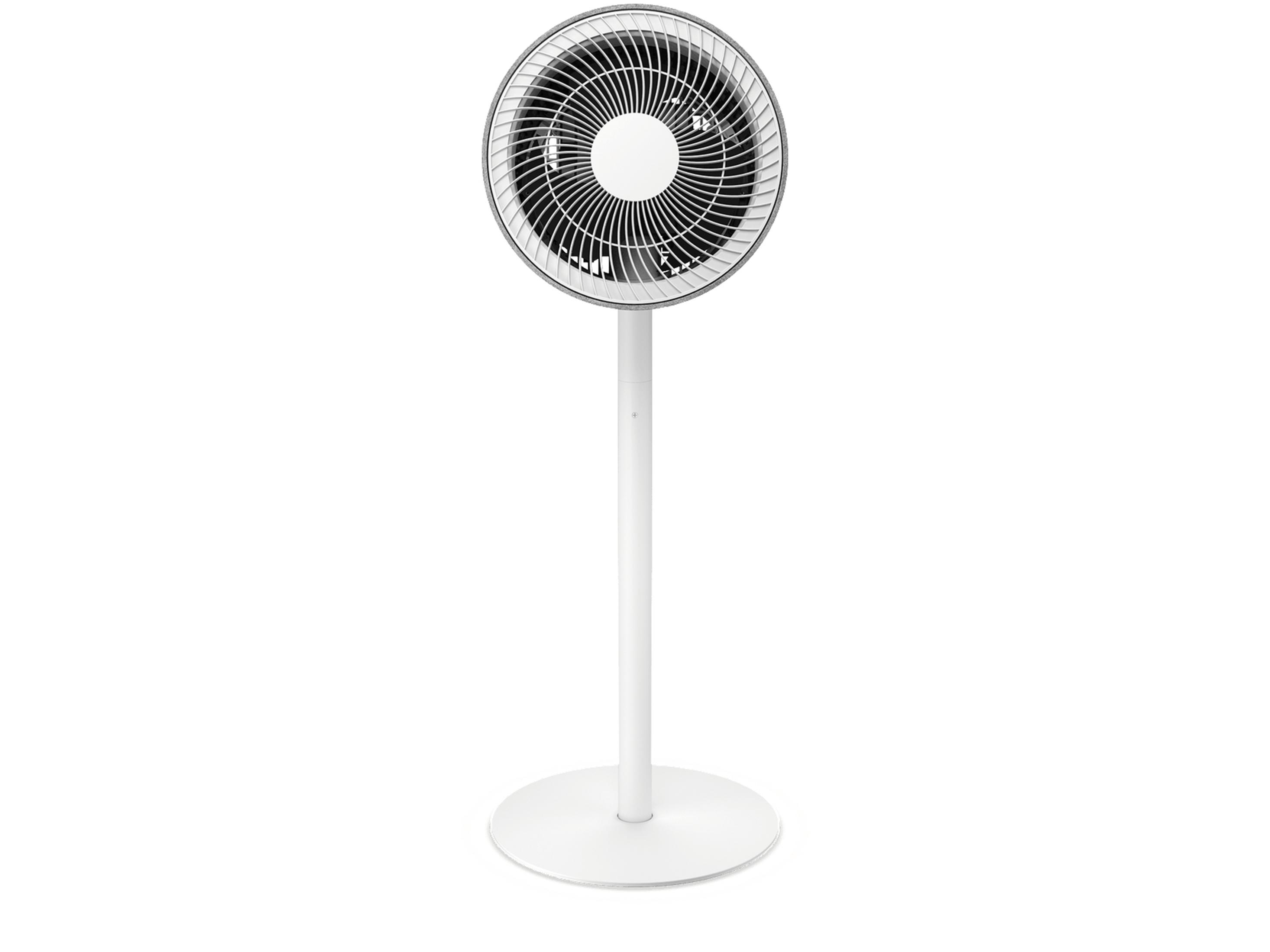 Un ventilateur sur pied blanc avec une tête ronde et un pied fin.