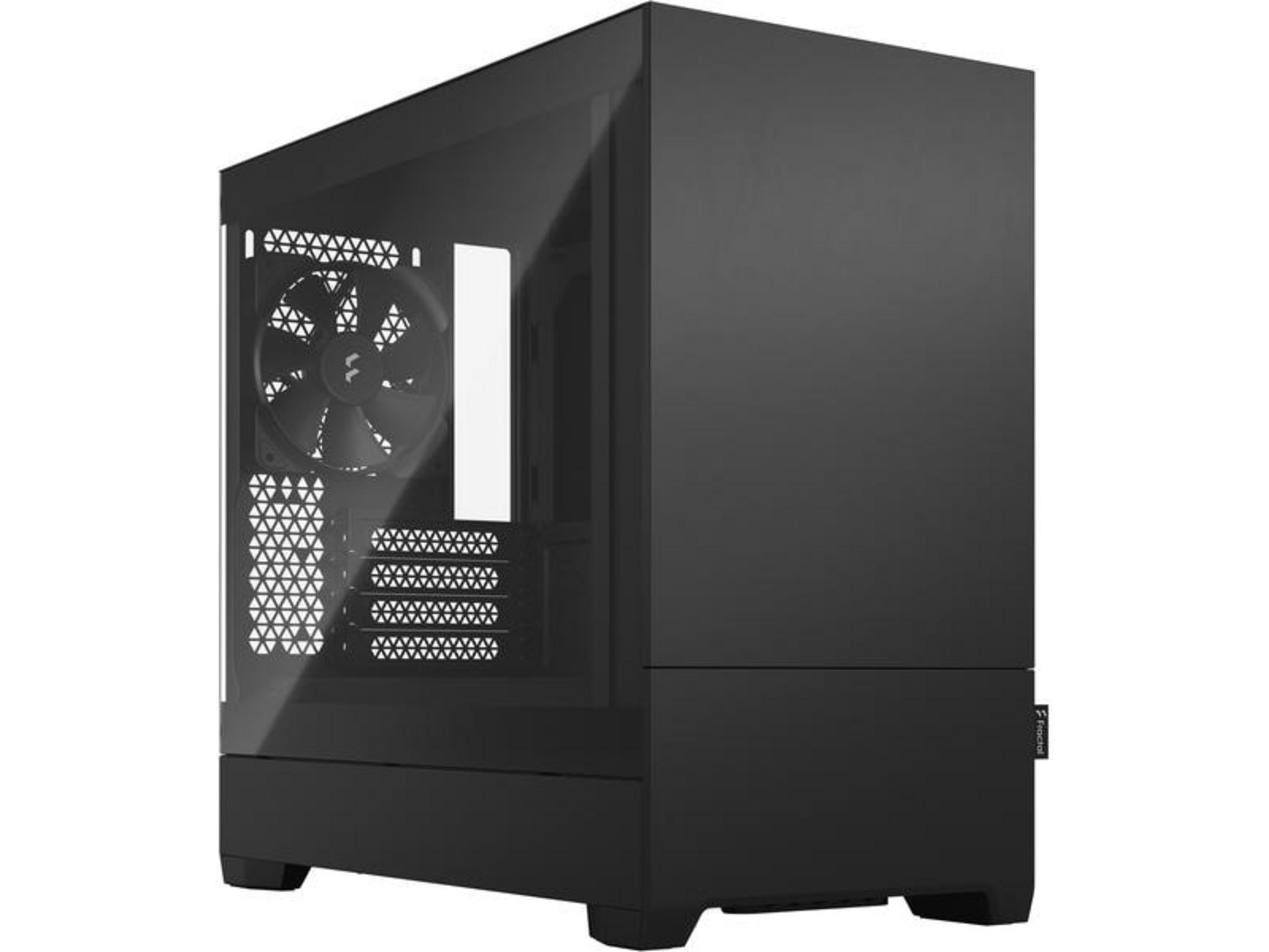 Case del computer nero con pannello frontale in vetro e ventola.