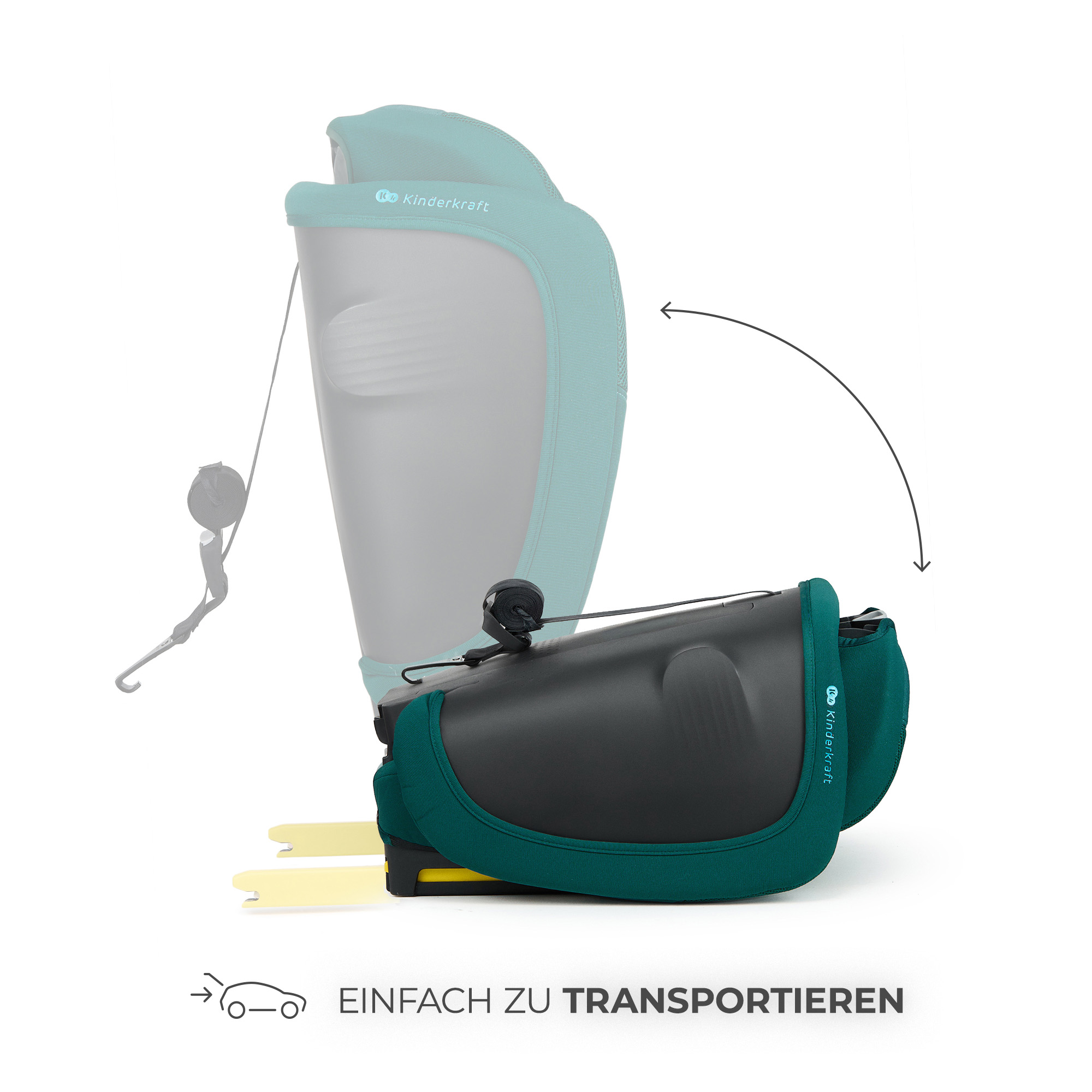 Ein dunkelgrüner Kindersitz, der zusammenklappbar ist, mit gelben Gabelstaplern.