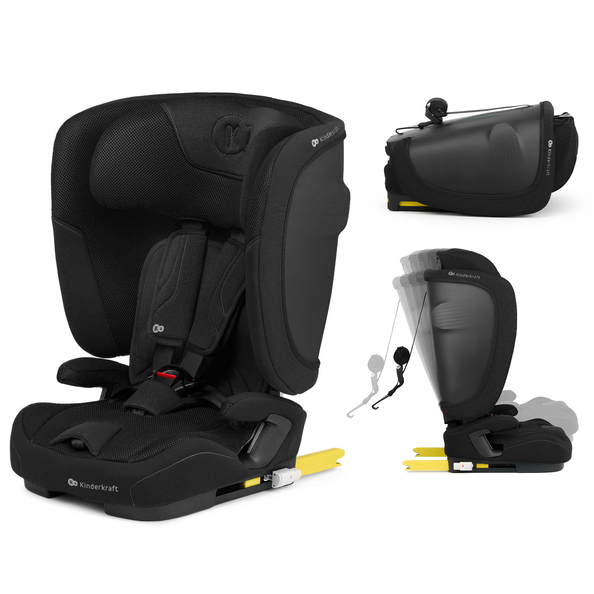 Schwarzer Kindersitz mit ISOFIX-Befestigung und Gurt. Zeigt verschiedene Ansichten.