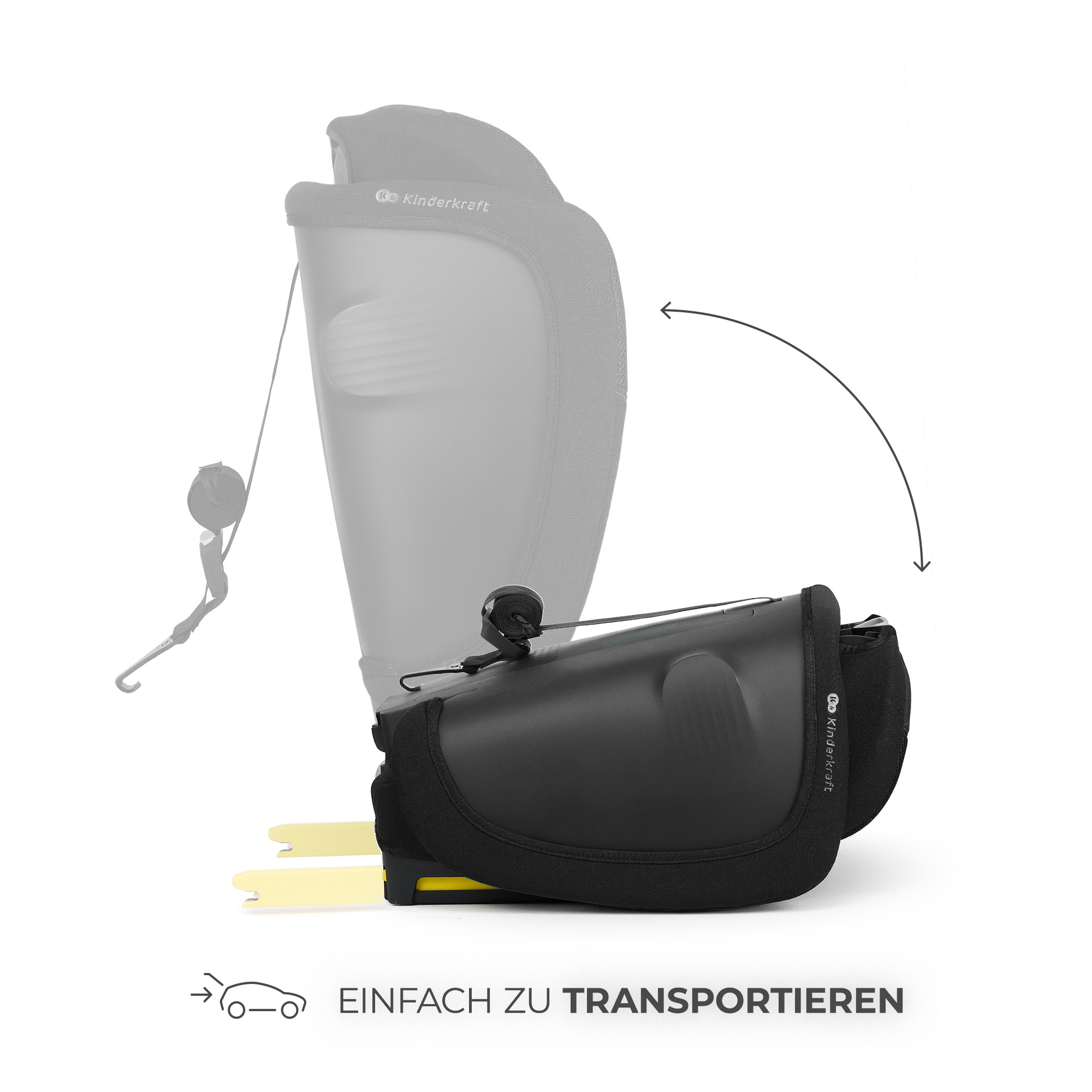 Ein schwarzer Kinderwagenaufsatz wird zusammengeklappt gezeigt. Pfeil zeigt Zusammenklappen.