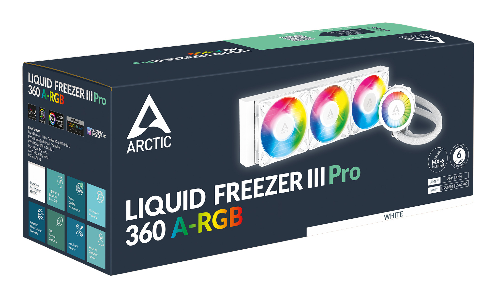 Verpackung eines weißen Arctic Liquid Freezer III Pro 360 A-RGB CPU-Kühlers mit drei RGB-Lüftern.