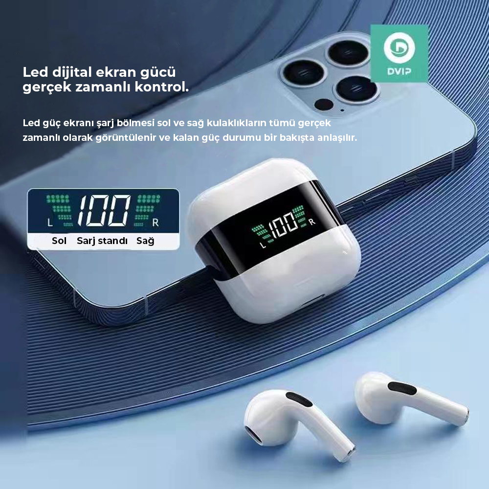 Kulaklıklar ve akıllı telefonla beyaz şarj kutusu. Ekran %100 gösteriyor.