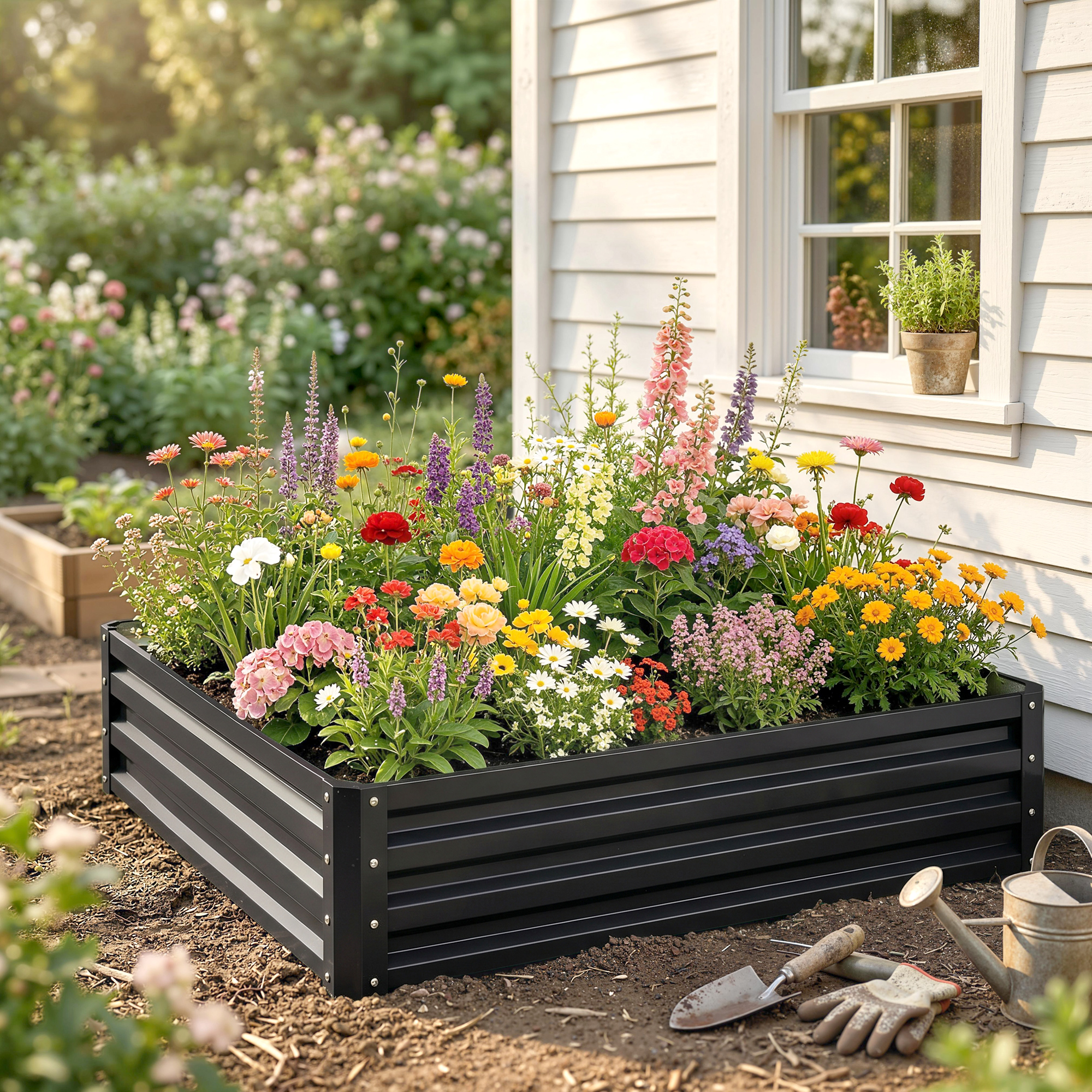 Una aiuola rialzata nera piena di fiori colorati accanto a una casa bianca.