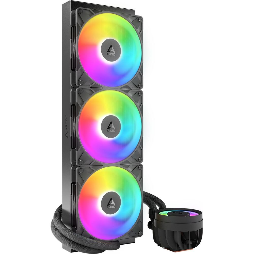 Un dissipatore per CPU nero con tre ventole RGB e un alloggiamento della pompa rotondo.