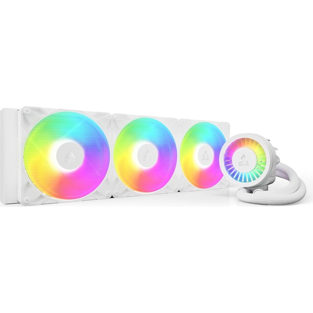 Un set di raffreddamento CPU bianco per computer con tre ventole e una testa della pompa, tutti con illuminazione RGB.