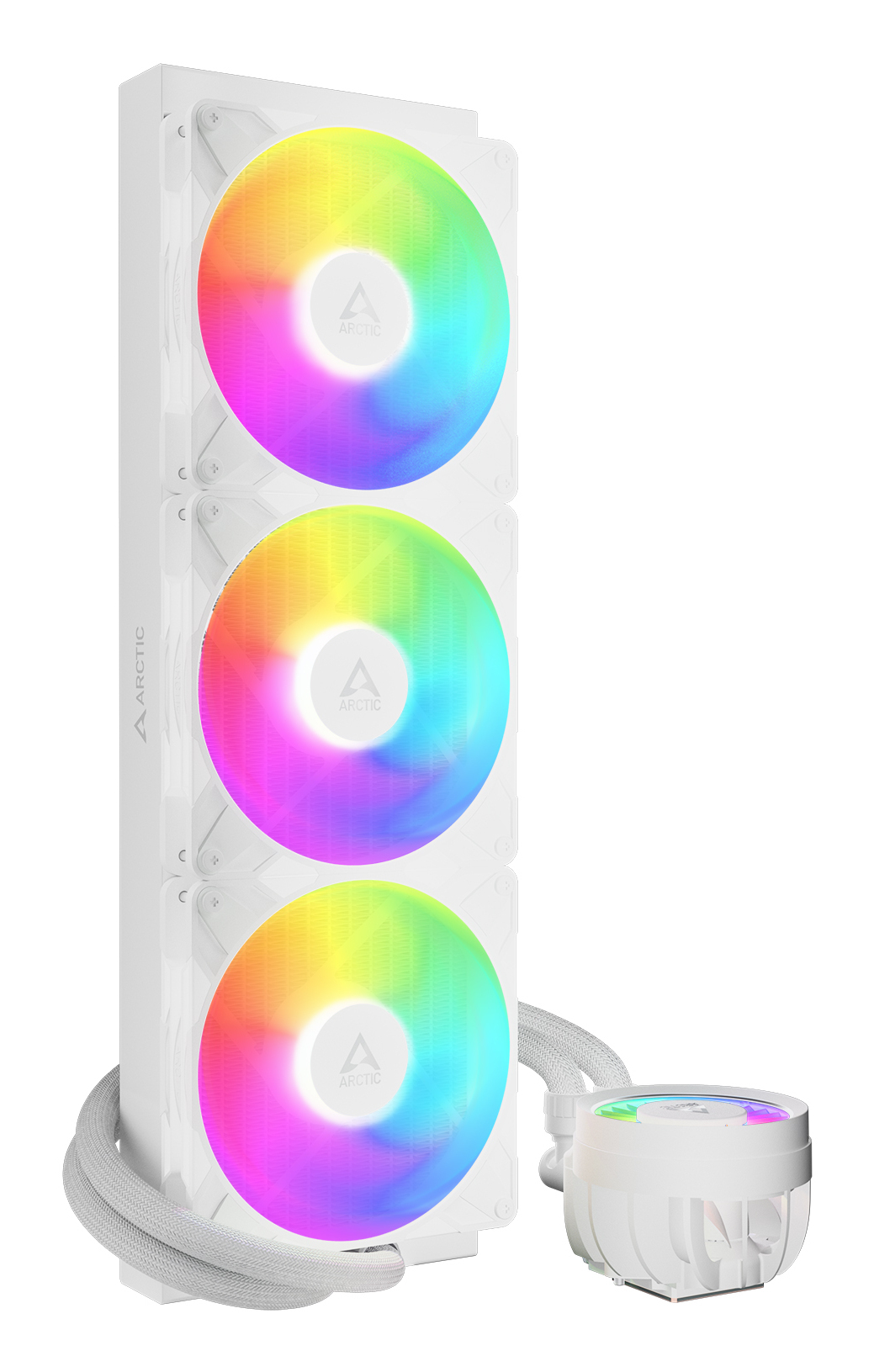 Un dissipatore PC bianco con tre ventole RGB e corpo pompa rotondo.