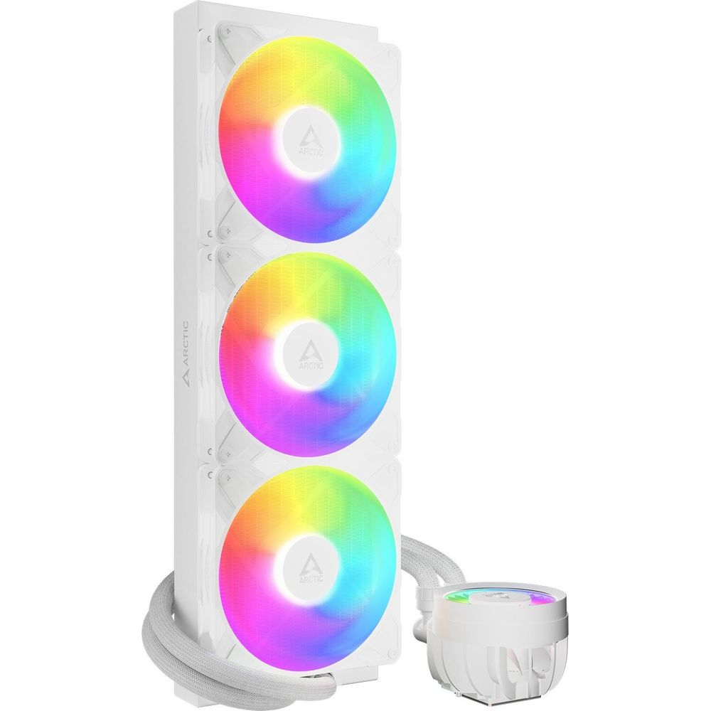Un dissipatore CPU bianco con tre ventole RGB e una pompa rotonda.