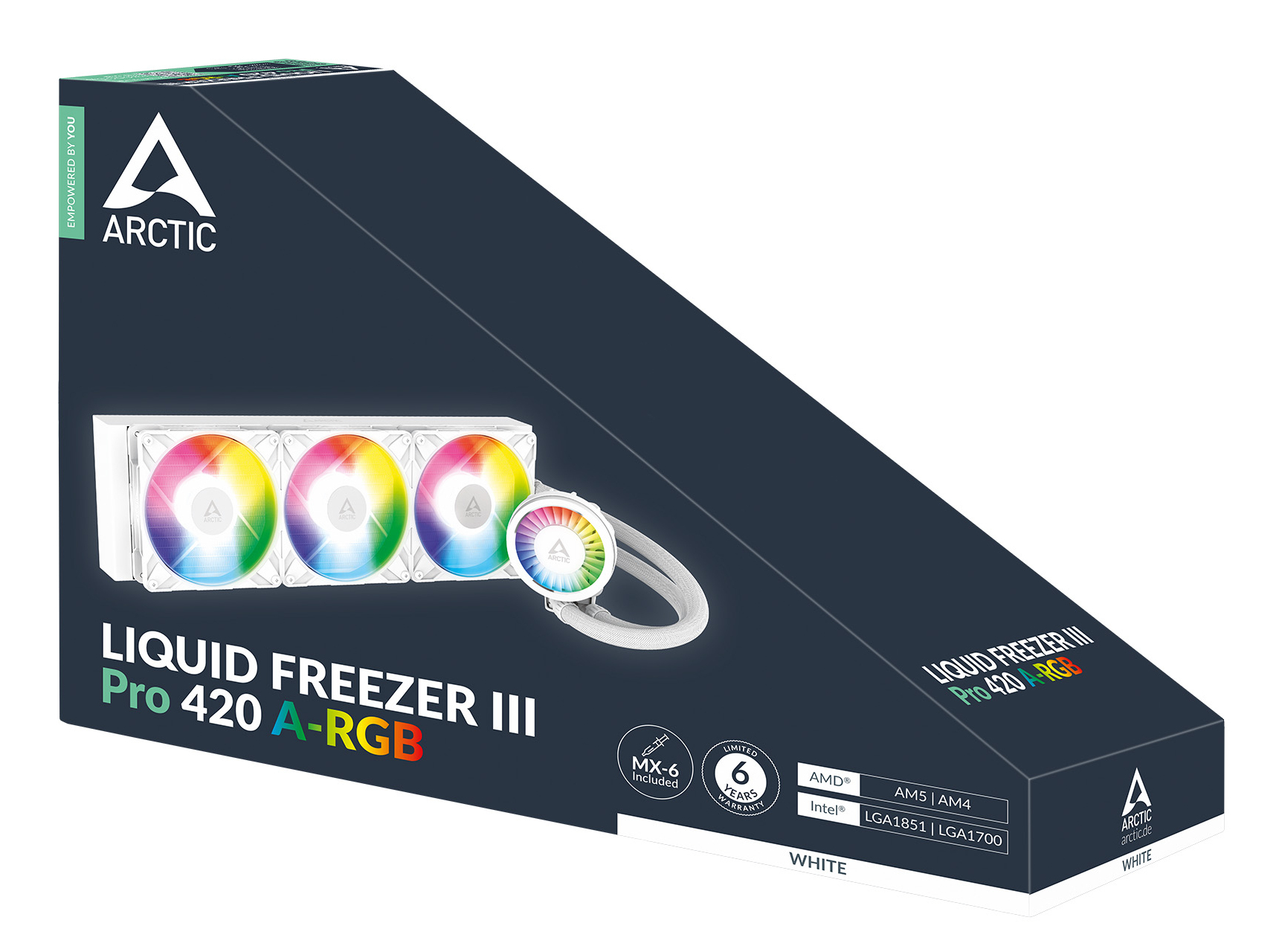 Confezione Arctic Liquid Freezer III Pro 420 A-RGB con ventole bianche e illuminazione RGB.