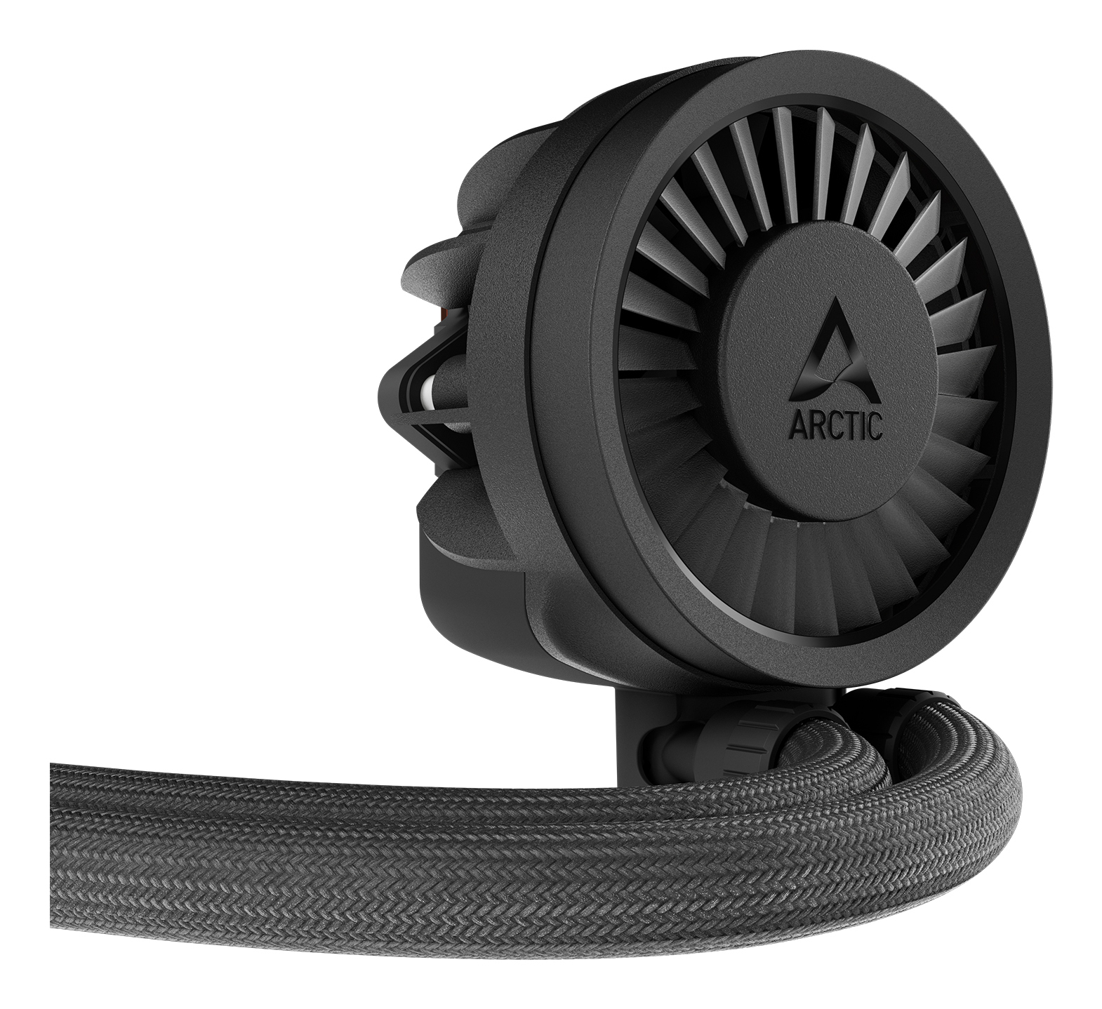 Ventola CPU nera con logo ARCTIC. Tubo nero intrecciato.