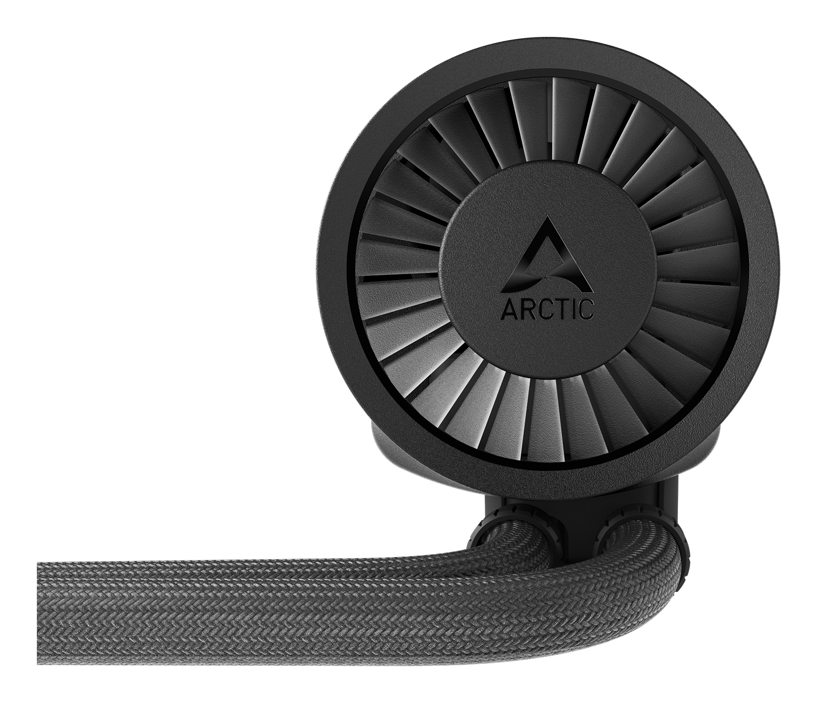 Ventola nera con logo ARCTIC e tubi intrecciati su sfondo bianco.
