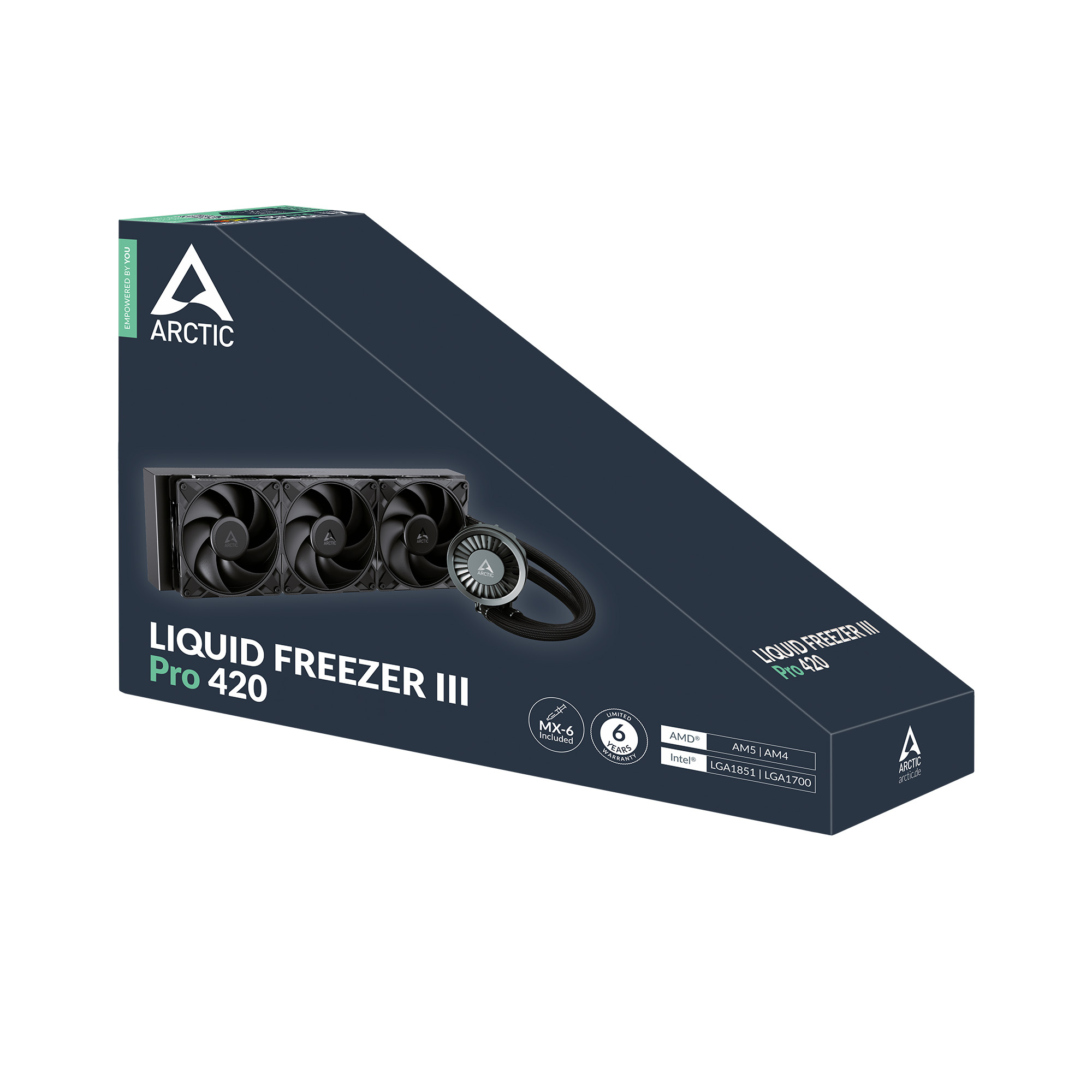 Confezione Arctic Liquid Freezer III Pro 420 con ventole, pompa e testo.
