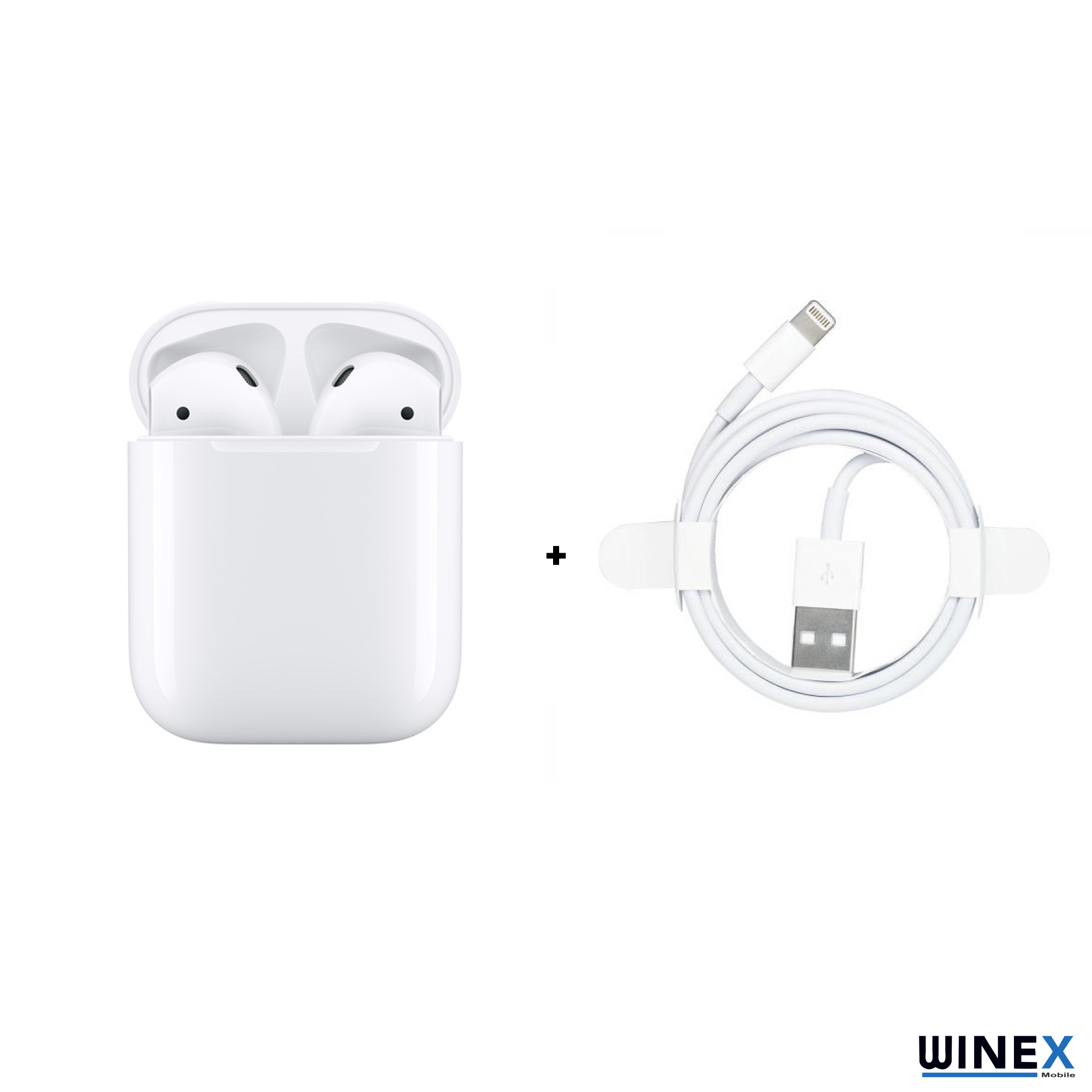 Beyaz şarj kutusunda beyaz Airpod'lar ve beyaz şarj kablosu.