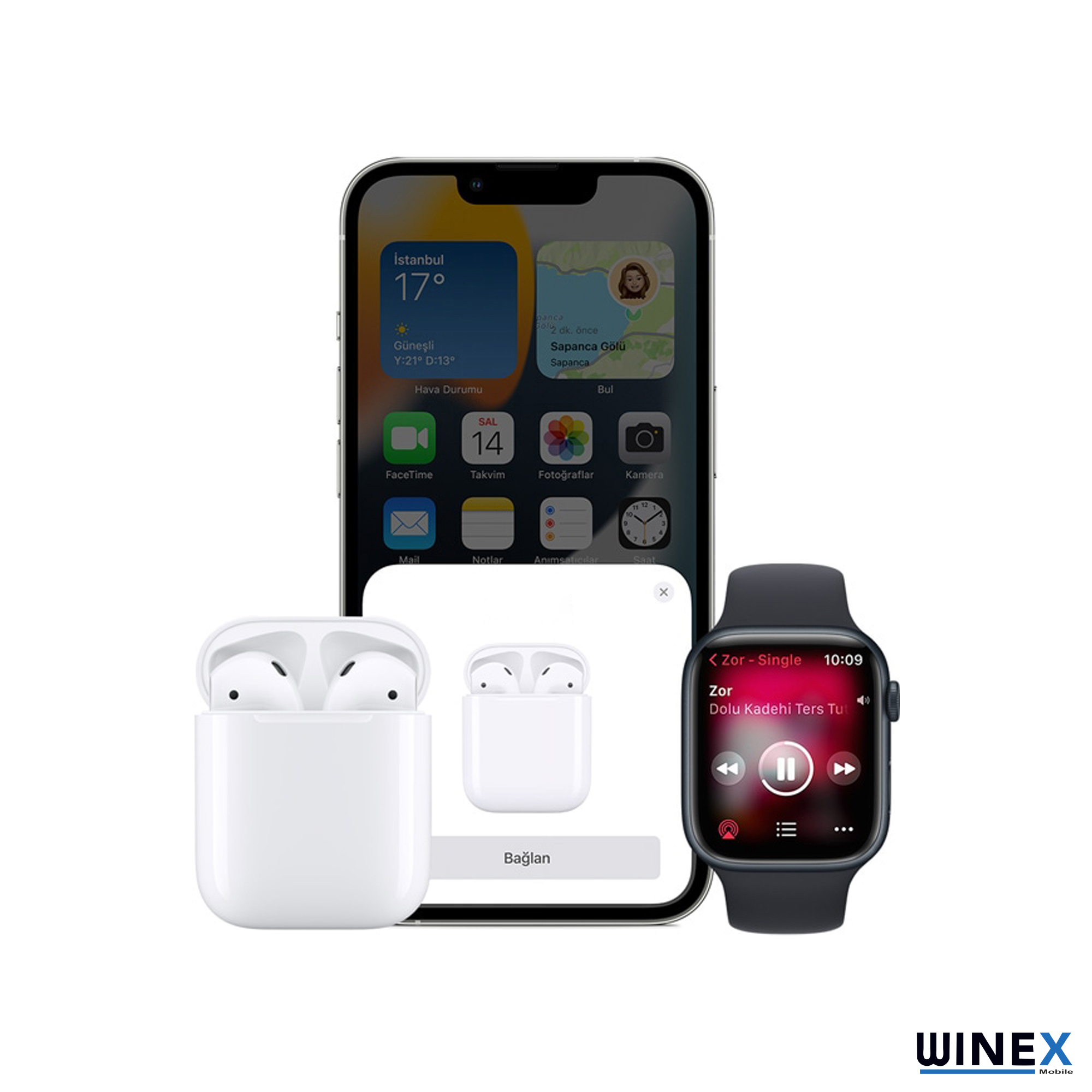 Hava durumunu, AirPods'ları ve müzik çaları olan Apple Watch'u gösteren iPhone.
