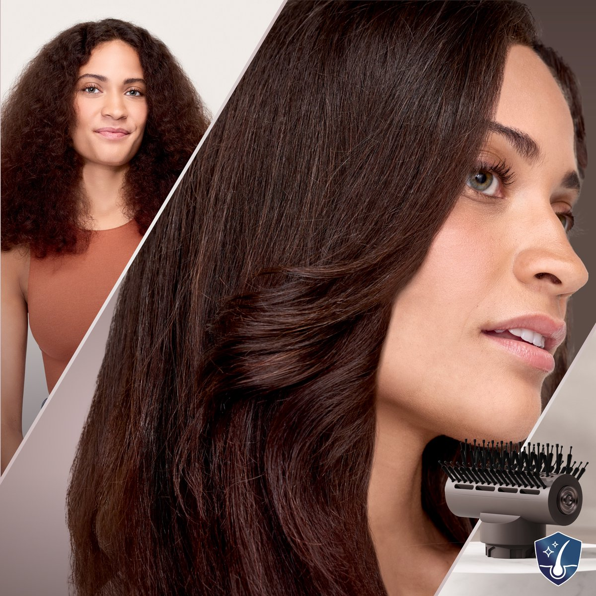 Voor-en-na vergelijking van haar gestyled van pluizig naar glad.
