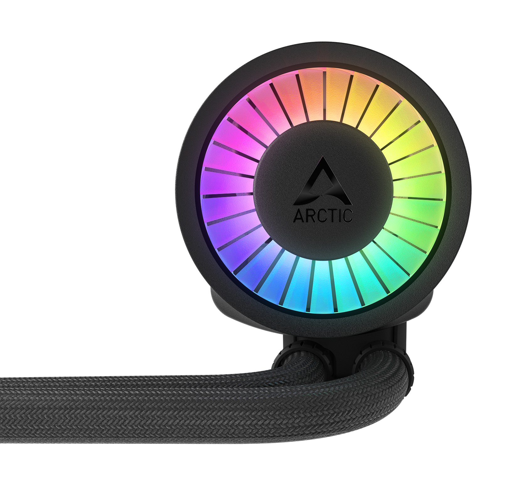 Ein schwarzer Lüfter mit ARCTIC-Logo und bunten RGB-Lichtern auf weißem Hintergrund.