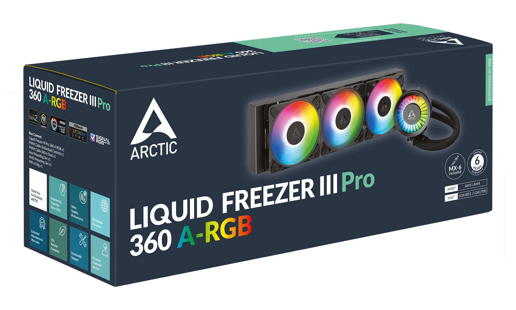 Verpackung für Arctic Liquid Freezer III Pro 360 A-RGB mit drei beleuchteten Lüftern.