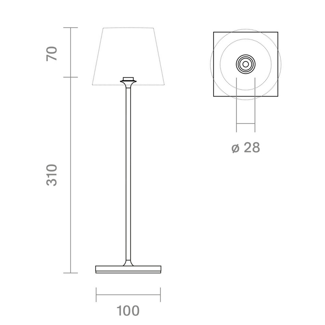 Technische Zeichnung einer Tischlampe mit Maßen: H 310, Schirm H 70, Basis B 100, Durchmesser 28.