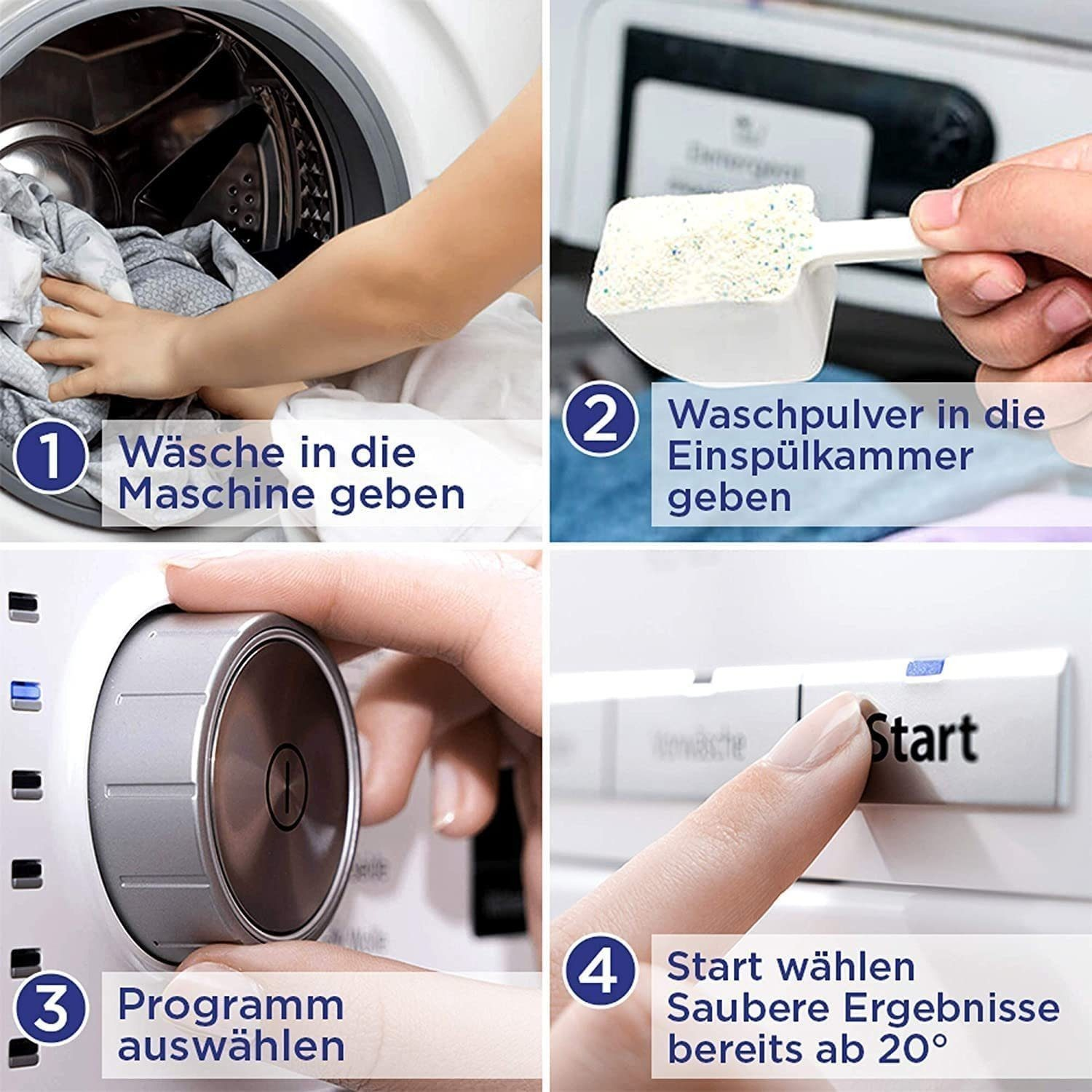Schritt-für-Schritt-Anleitung zum Waschen: Wäsche einlegen, Pulver zugeben, Programm wählen, Starten.