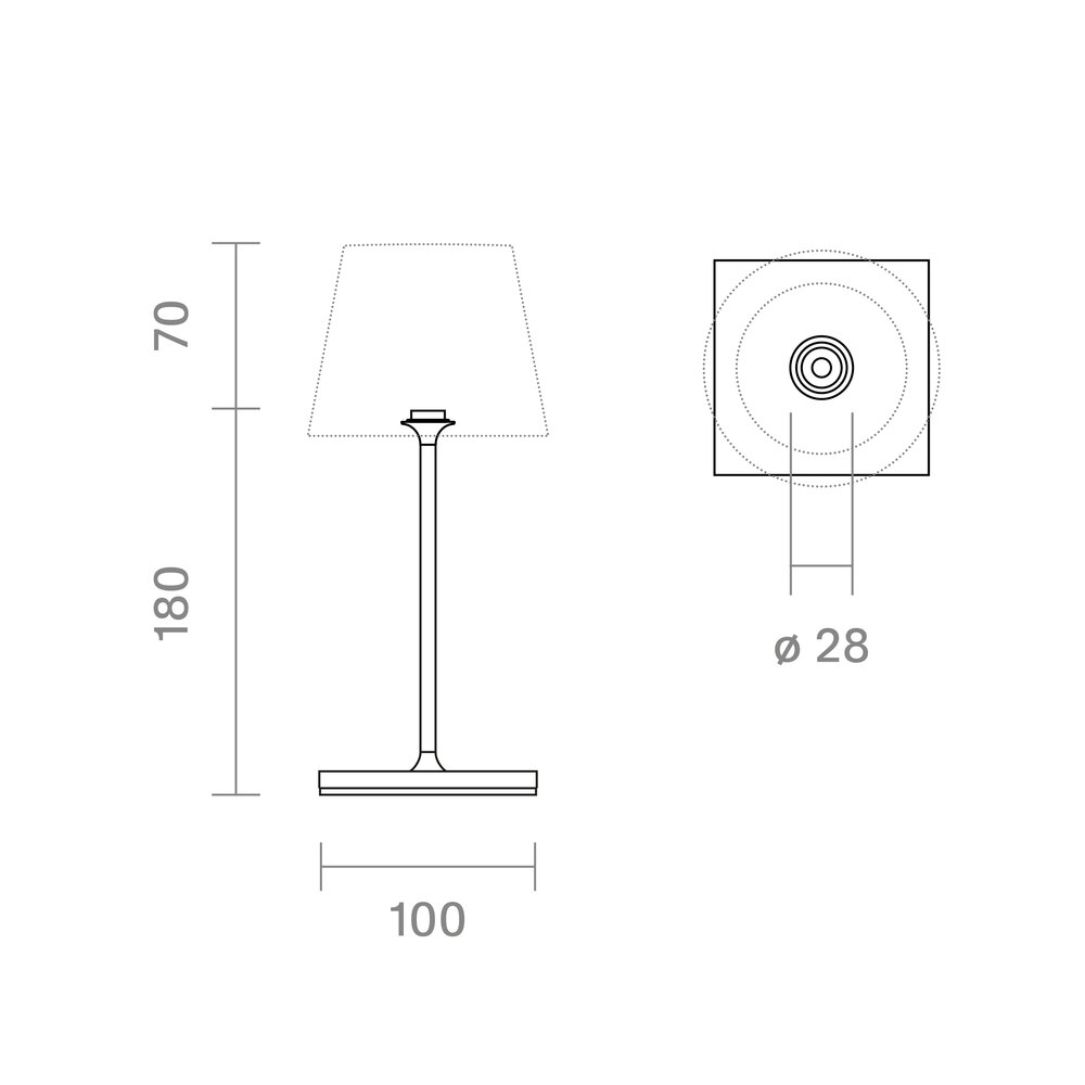 Technische Zeichnung einer Tischlampe mit Maßen. Höhe 180, Schirm 70, Basis 100, Durchmesser 28.