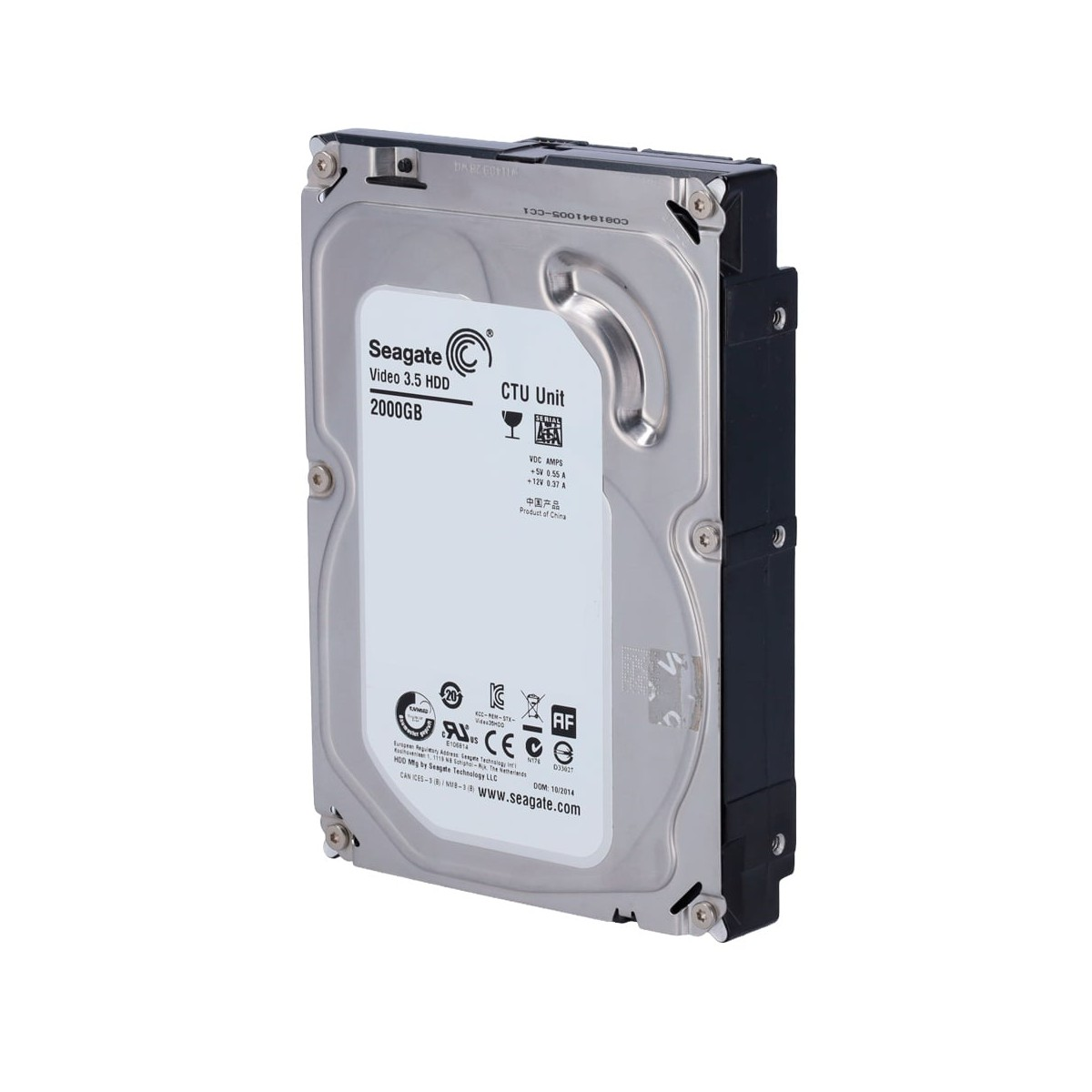HDD Seagate da 3,5 pollici da 2 TB, parte superiore argentata e scocca nera.