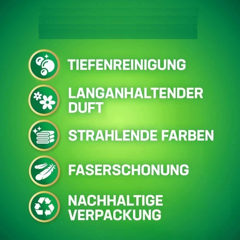 Tiefenreinigung, Duft, strahlende Farben, Faser schonend, nachhaltige Verpackung.