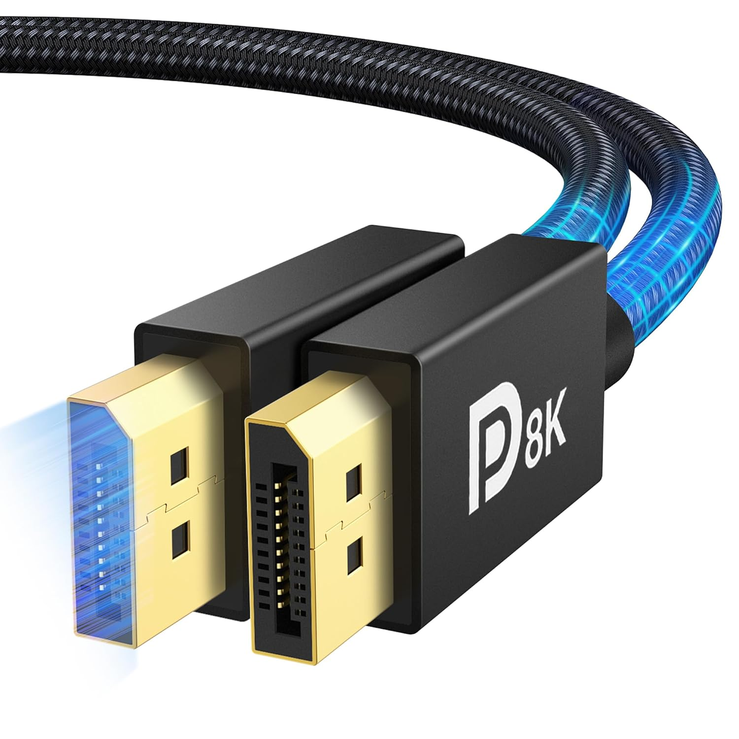 Ein schwarzes Kabel mit zwei goldenen Anschlüssen und blauen Lichteffekten.
