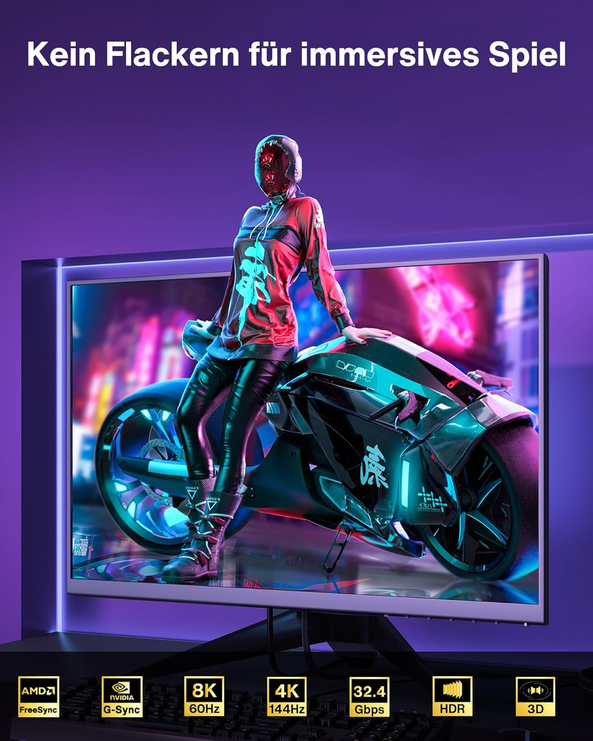 Cyberpunk Figur auf futuristischem Motorrad vor einem Bildschirm mit Specs.
