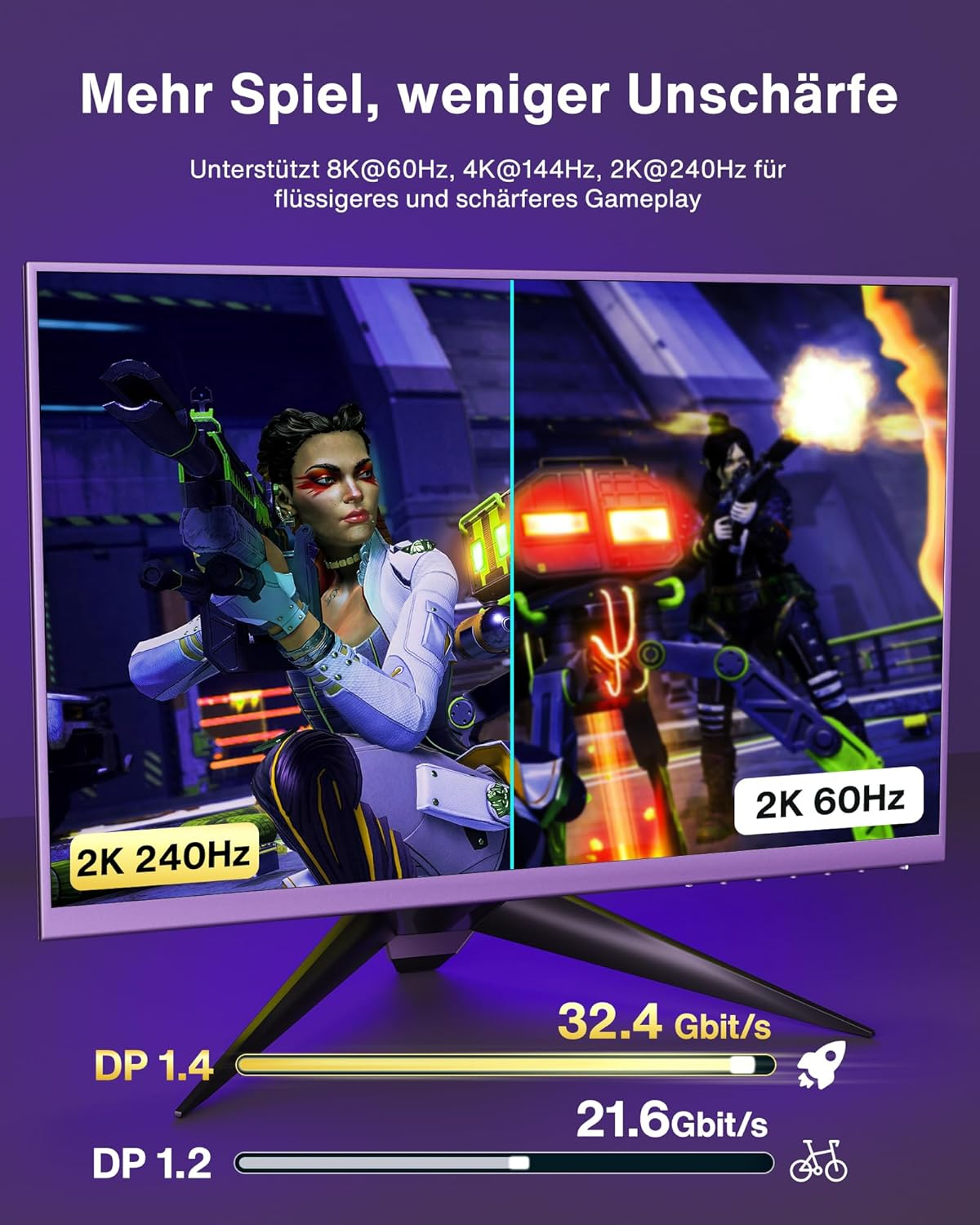 Monitor zeigt zwei Spielszenen: links 2K 240Hz, rechts 2K 60Hz.
